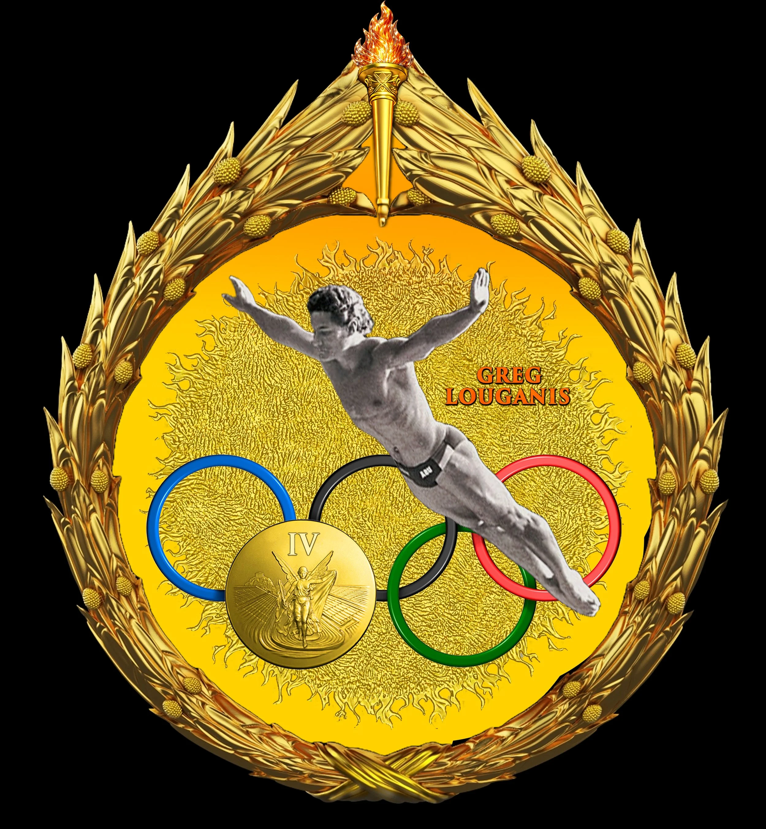 GREG LOUGANIS Set in My Gilded Olympics Wreath
Black Basalt & White Porcelain Figure, Jasperware Porcelain Background
Clear Glaze Applied to Create The Effect of Water
Attached 'GOLD MEDAL' Made of Gilded Metal
For The Commemorative Collectibles Seri