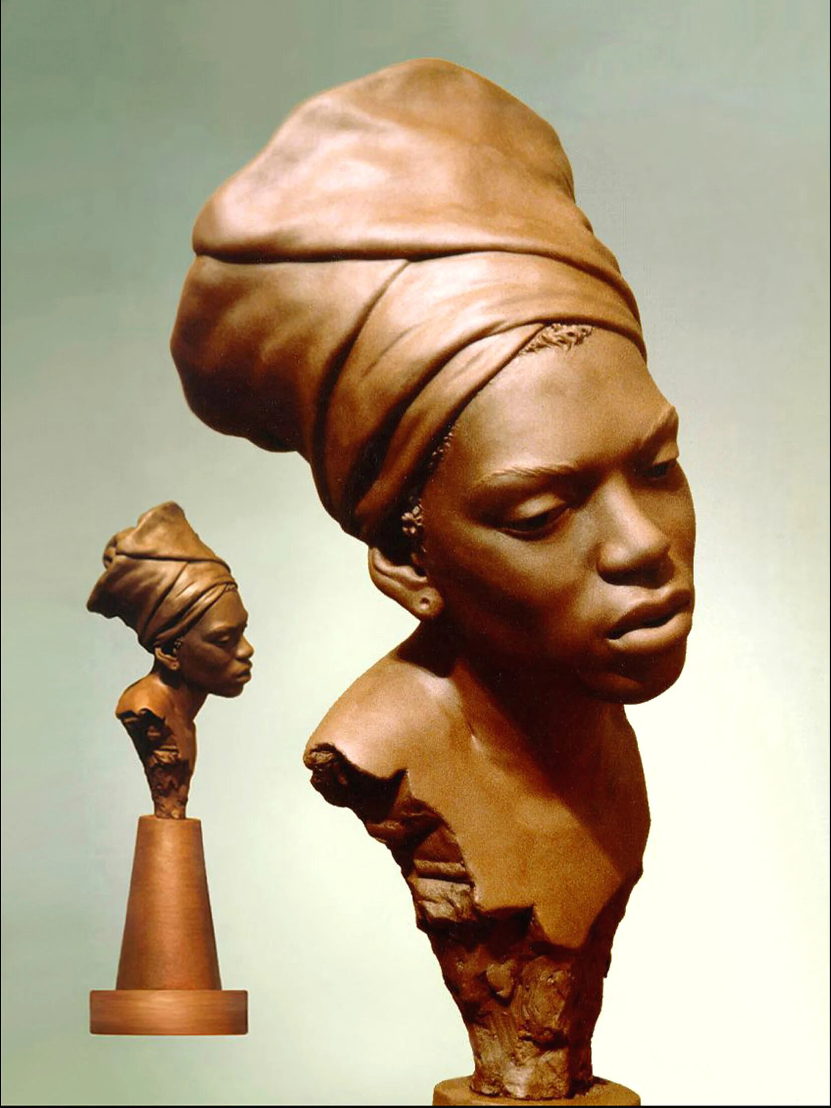  A STUDY IN BLACK  
14" High ~ Original Clay
For Final Materials: Bust Cast in Black Basalt Porcelain;  
Upper Base In Black Glass;  
Lower Base In Ebony;  
A Black Pearl Set In Her Earlobe