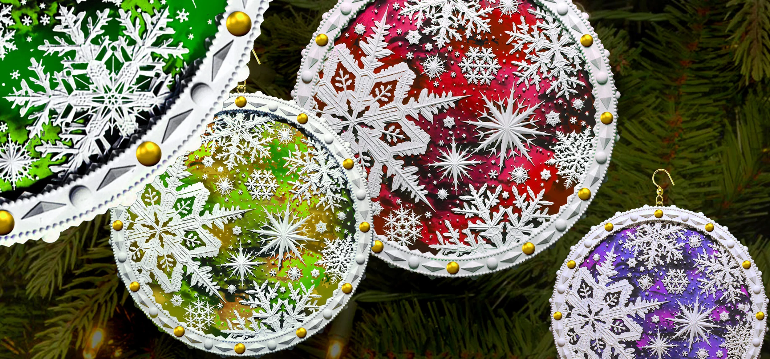 'FROZEN' FIRST SNOWFALL Roundel Series 
Christmas Tree Ornaments Montage  
Cast In A One-Piece, Open-Faced Rubber Mold
Jasperware Porcelain
(4" Diameter)