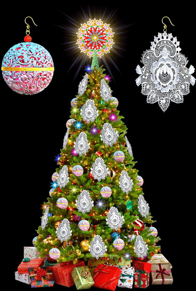 Reticulated PORCELAIN LACE PANELS 
PORCELAIN PLIQUE-A-JOUR TREE TOPPER And  
PORCELAIN PLIQUE-A-JOUR CHRISTMAS BALLS