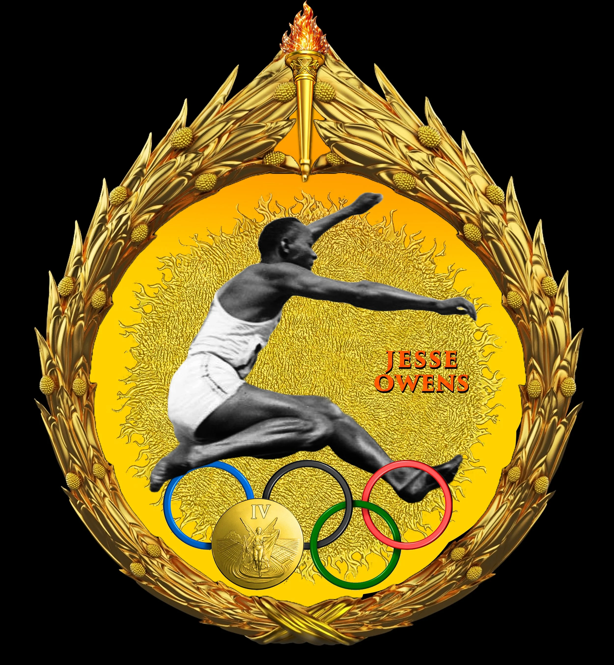 JESSE OWENS Set in My Gilded Olympics Wreath
Black Basalt & White Porcelain Figure, Jasperware Porcelain Background
Attached 'GOLD MEDAL' Made of Gilded Metal
For The Commemorative Collectibles Series
