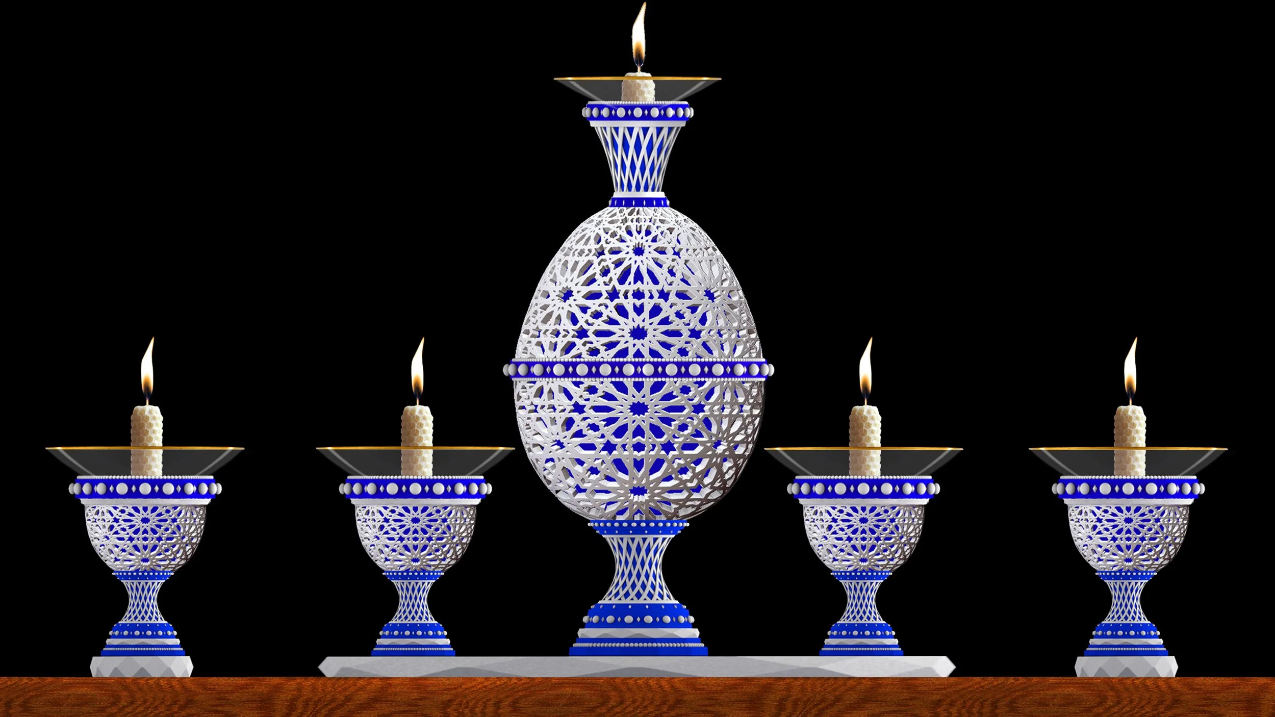 MOORISH EGG CENTERPIECE WITH SMALL CANDLESTICKS
For Jasperware Porcelain