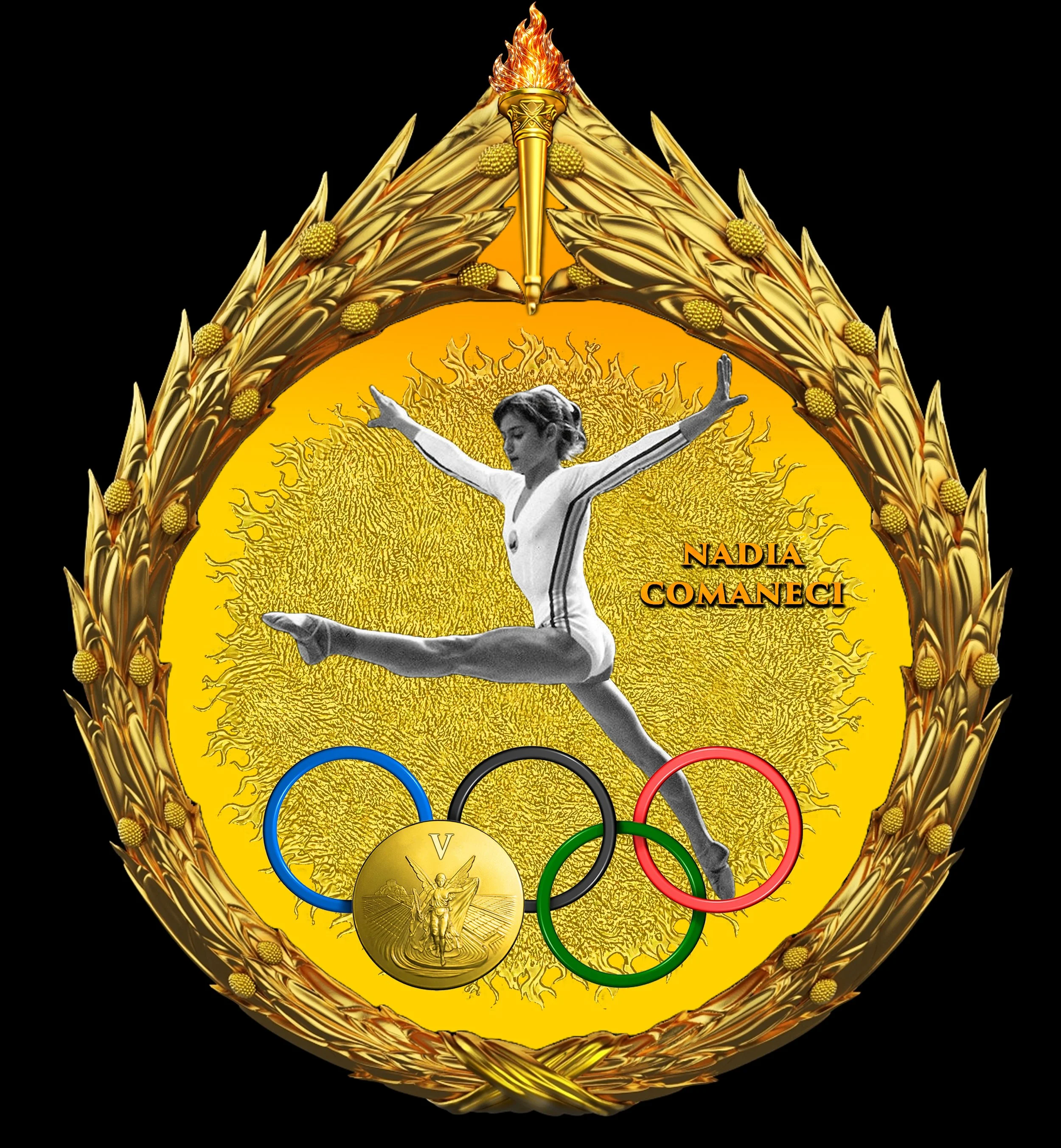 NADIA COMANECI Set in My Gilded Olympics Wreath
White Porcelain Figure, Jasperware Porcelain Background
Attached 'GOLD MEDAL' Made of Gilded Metal
For The Commemorative Collectibles Series