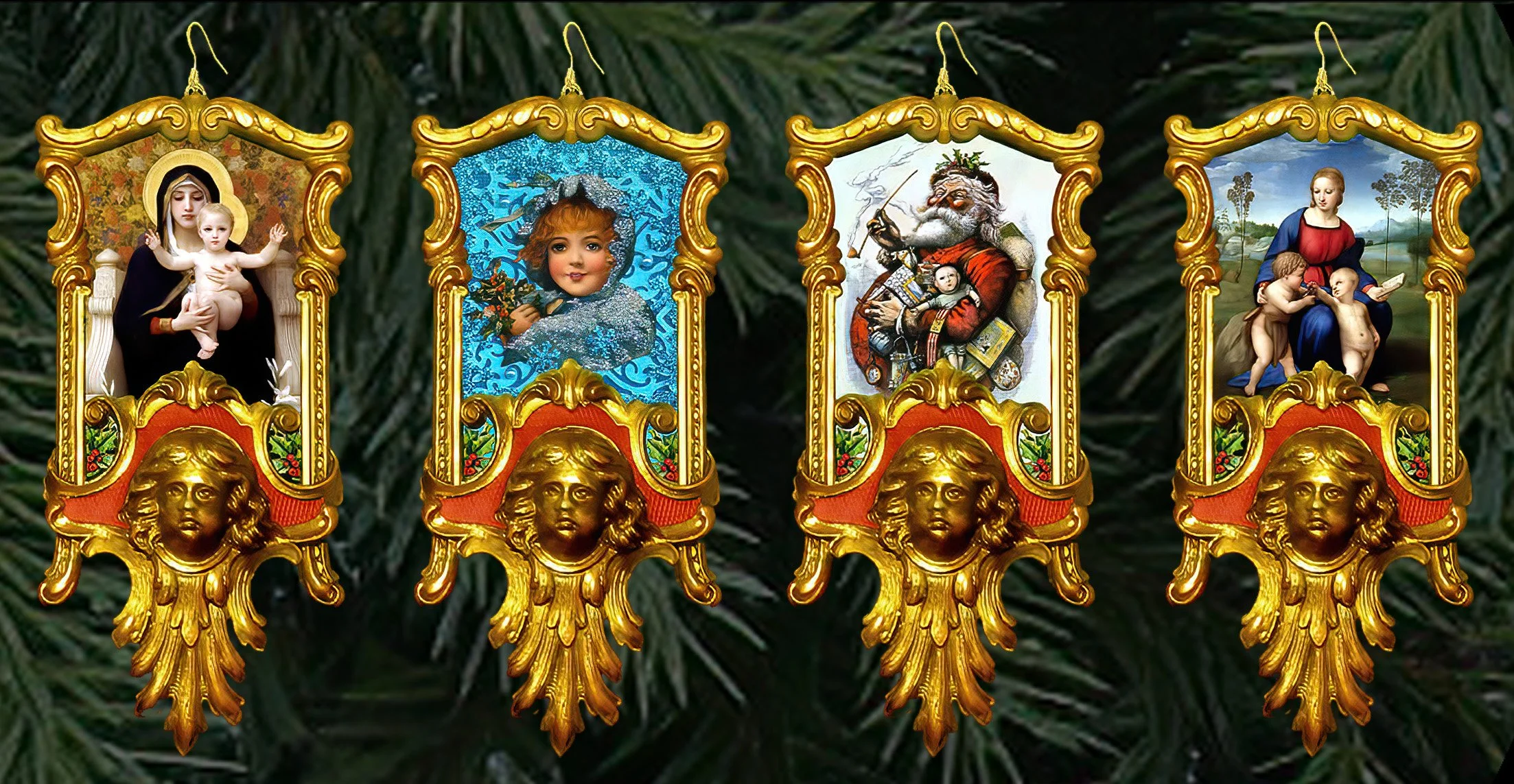 Gilded Jasperware Porcelain Christmas Ornaments with Ceramic Decal Imagery