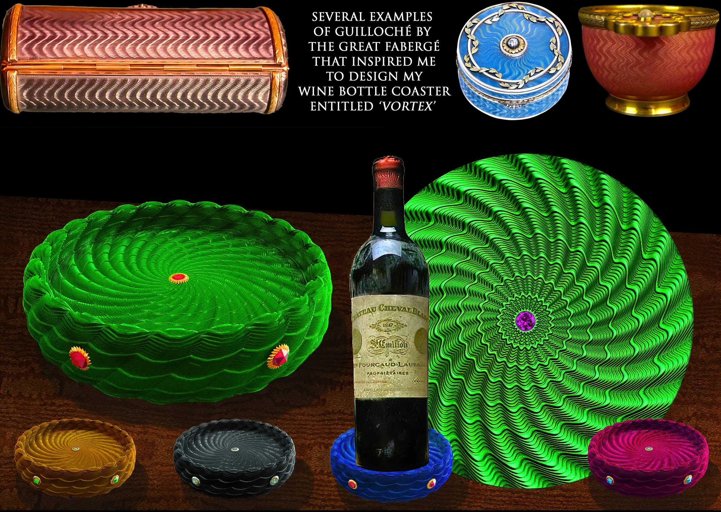 'VORTEX' WINE BOTTLE COASTER  
For Translucent Glazed Porcelain And Swarovski Jewels 
Set In 24K Gilded 'Sun' Settings