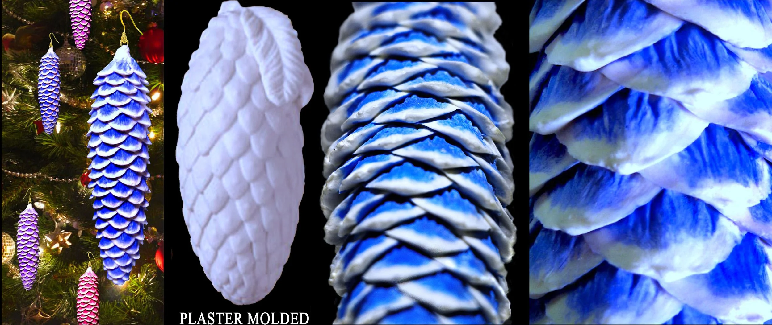  PINE CONE CHRISTMAS ORNAMENTS
 Jasperware Porcelain
 Rubber Molded From An Actual Pine Cone
(6" Tall)
INSET: Plaster Molded Porcelain Cast