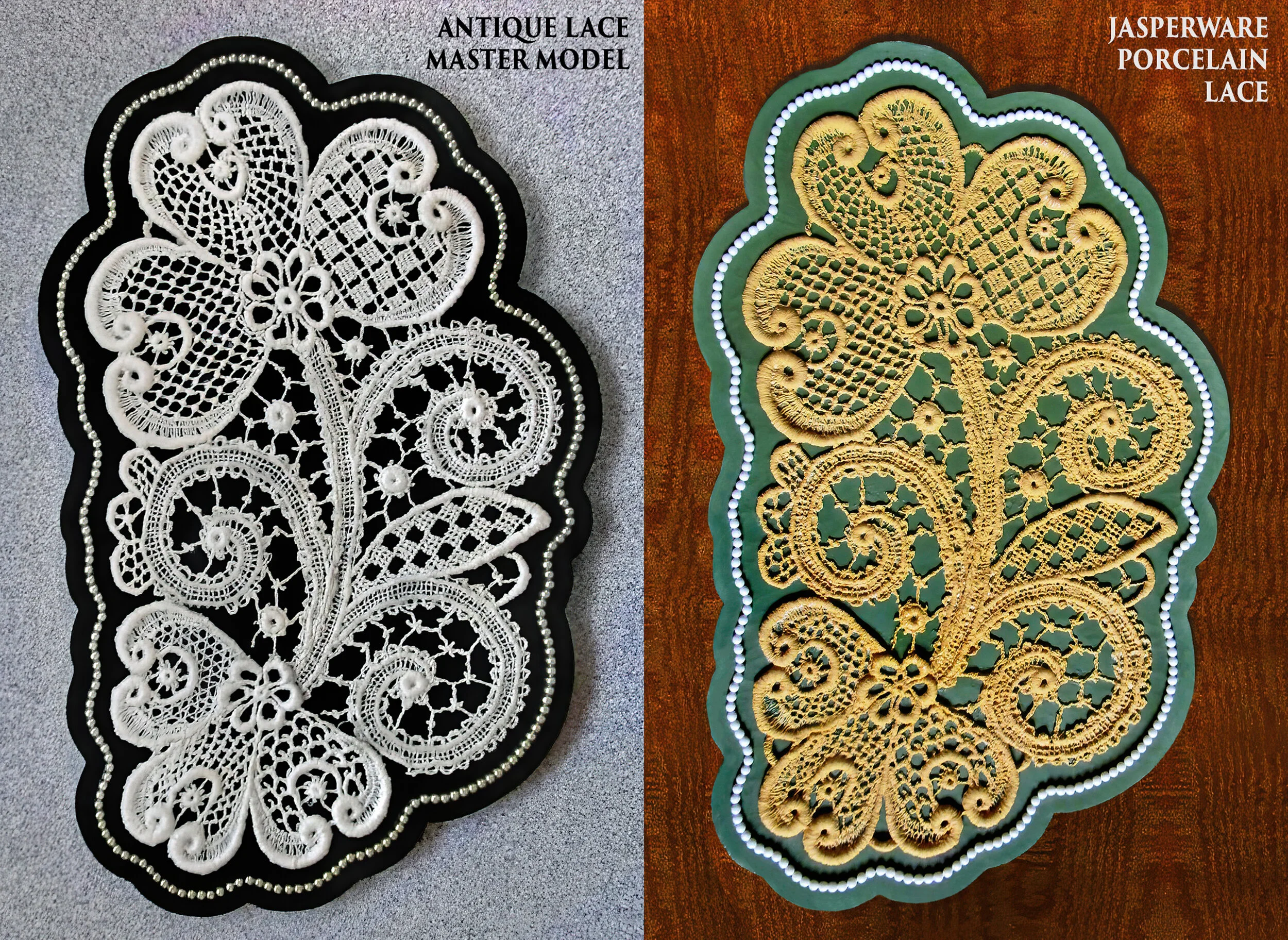  SHAMROCK COASTER 
 Master Antique Lace Model [L]
 Jasperware Porcelain Lace Cast [R]
Jasperware Porcelain Lace™  Molded From Antique Lace
 (7.5" Long)