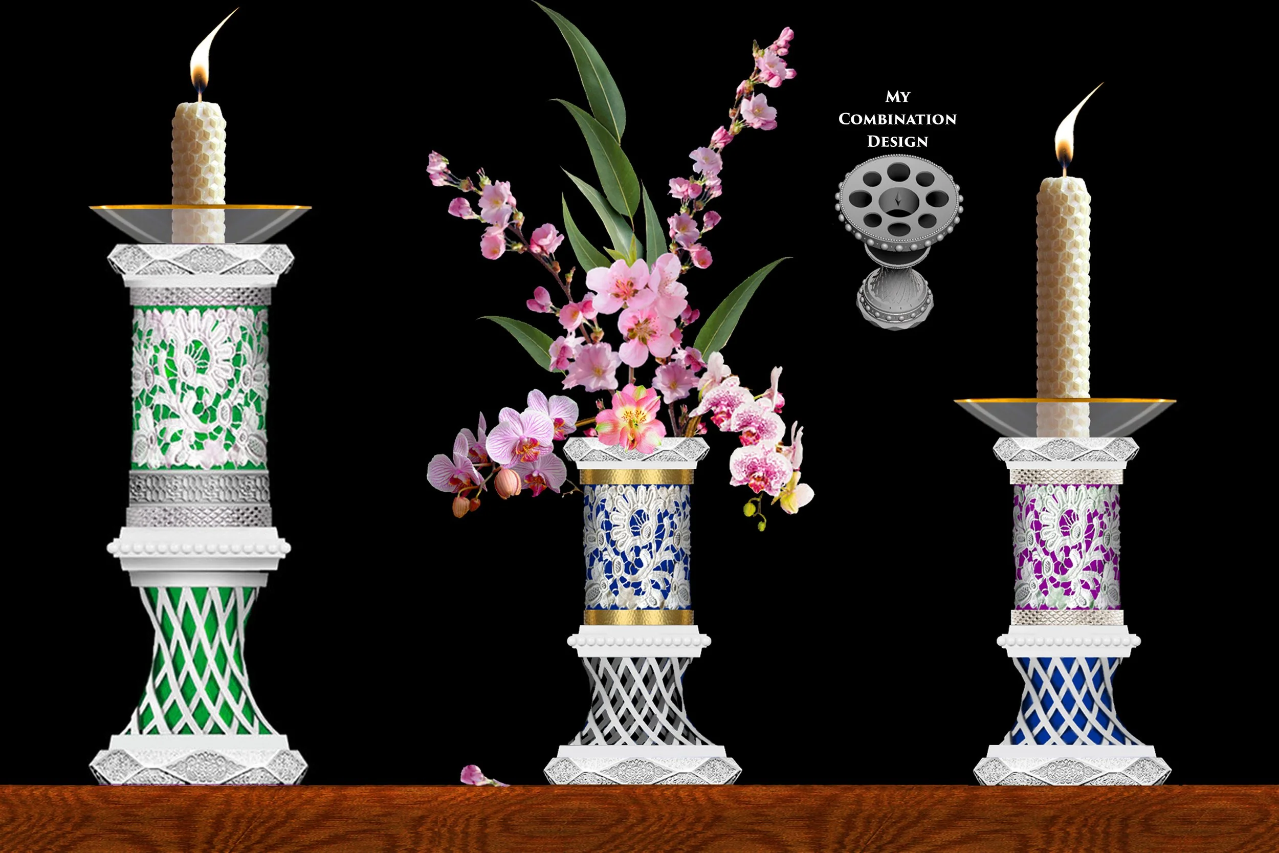 CANDLESTICKS And/Or VASES 
For Jasperware Porcelain Lace™ And 24K Gilded And Silvered Metal Rings
