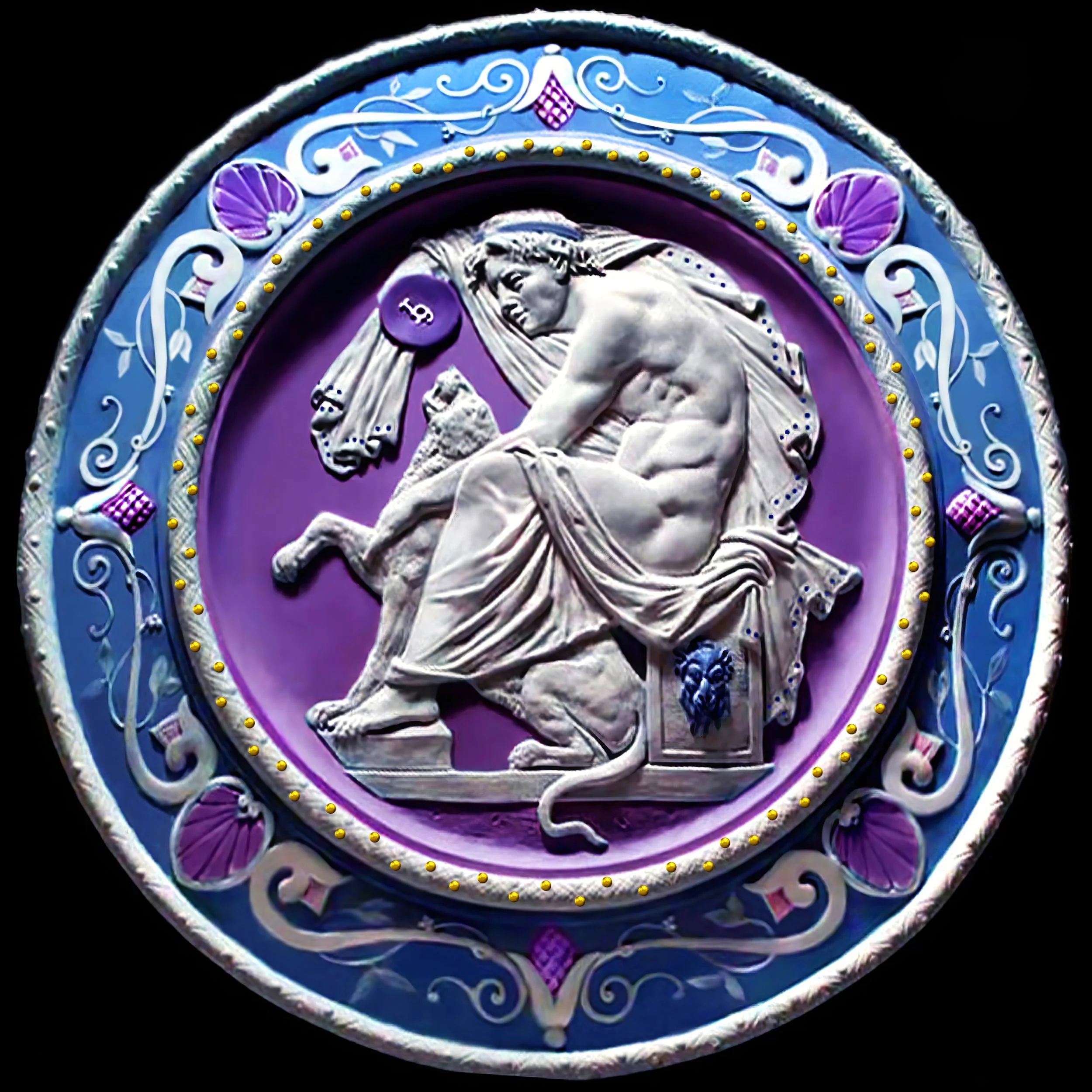 DIONYSUS AND HIS PANTHER Roundel 
Cast In A One-Piece, Open-Faced Rubber Mold 
Jasperware Porcelain
(11" Diameter)