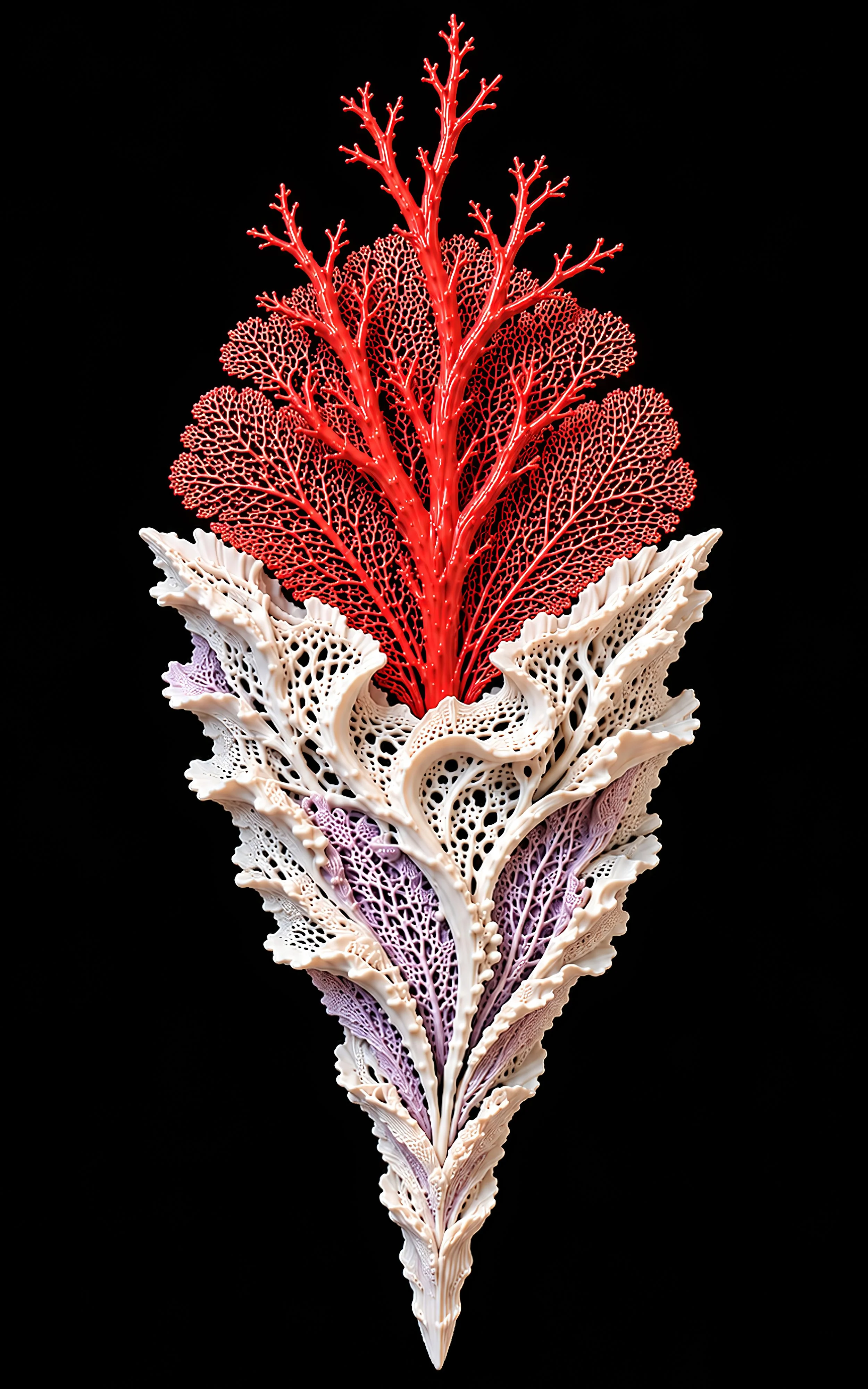 AS CORAL SCULPTURE
Porcelain sea fan and branching coral
extend the sculpture upward, creating
a continuous composition inspired
by the architecture of the sea.
