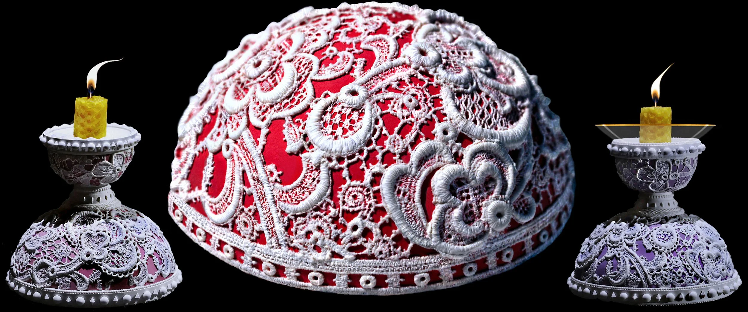 HEMISPHERE CHRISTMAS BALL And HEMISPHERE CANDLESTICKS 
Jasperware Porcelain Lace™  Molded From Antique Lace
Hemisphere Cast In A One-Piece, Open-Faced Rubber Mold
Candlesticks Molded, Cast And Assembled In Sections
(All 5" Diameter)

