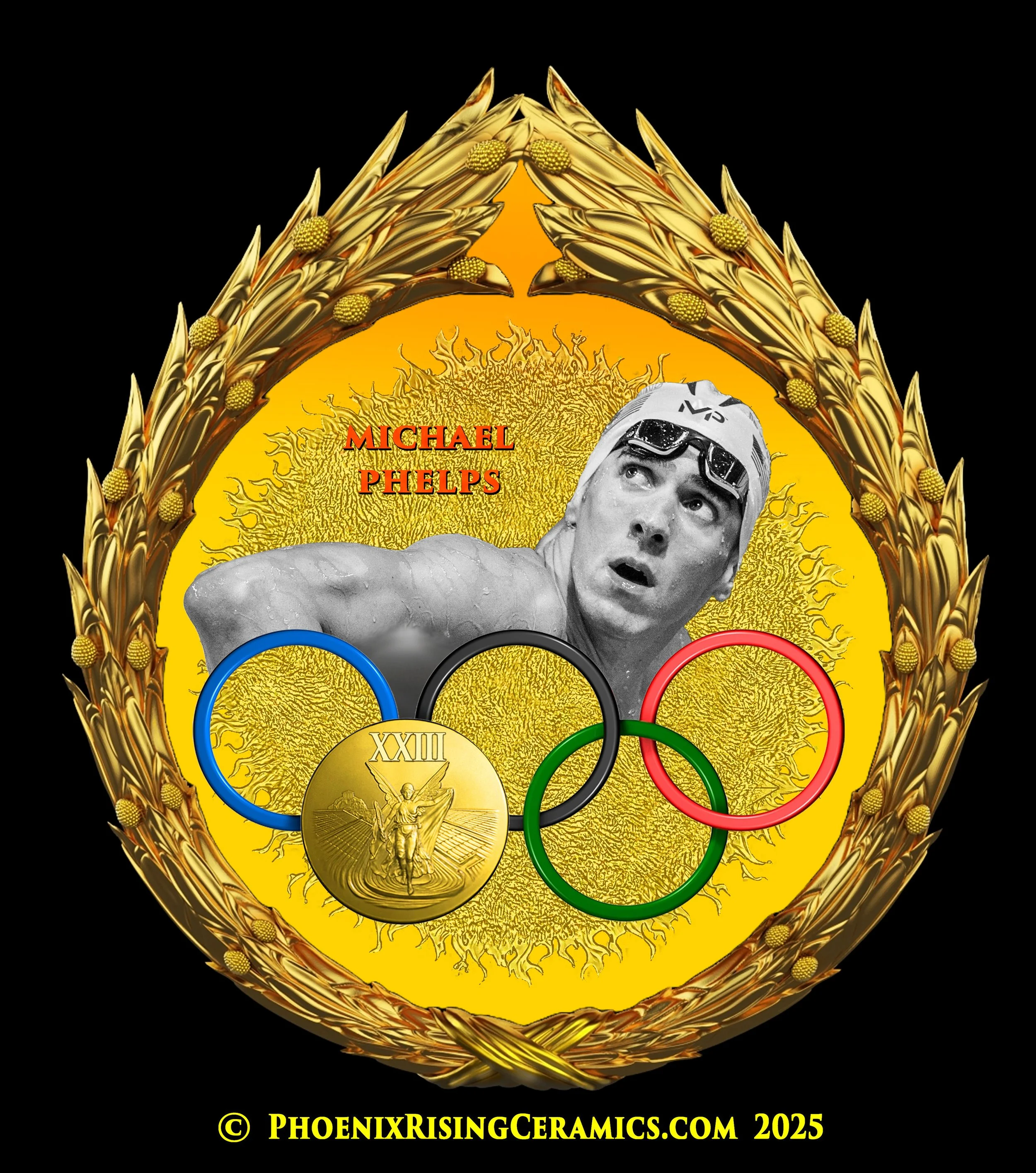 MICHAEL PHELPS Set in My Gilded Olympics Wreath
Black Basalt & White Porcelain Figure, Jasperware Porcelain Background
Clear Glaze Applied to Create The Effect of Water
Attached 'GOLD MEDAL' Made of Gilded Metal
For The Commemorative Collectibles Ser