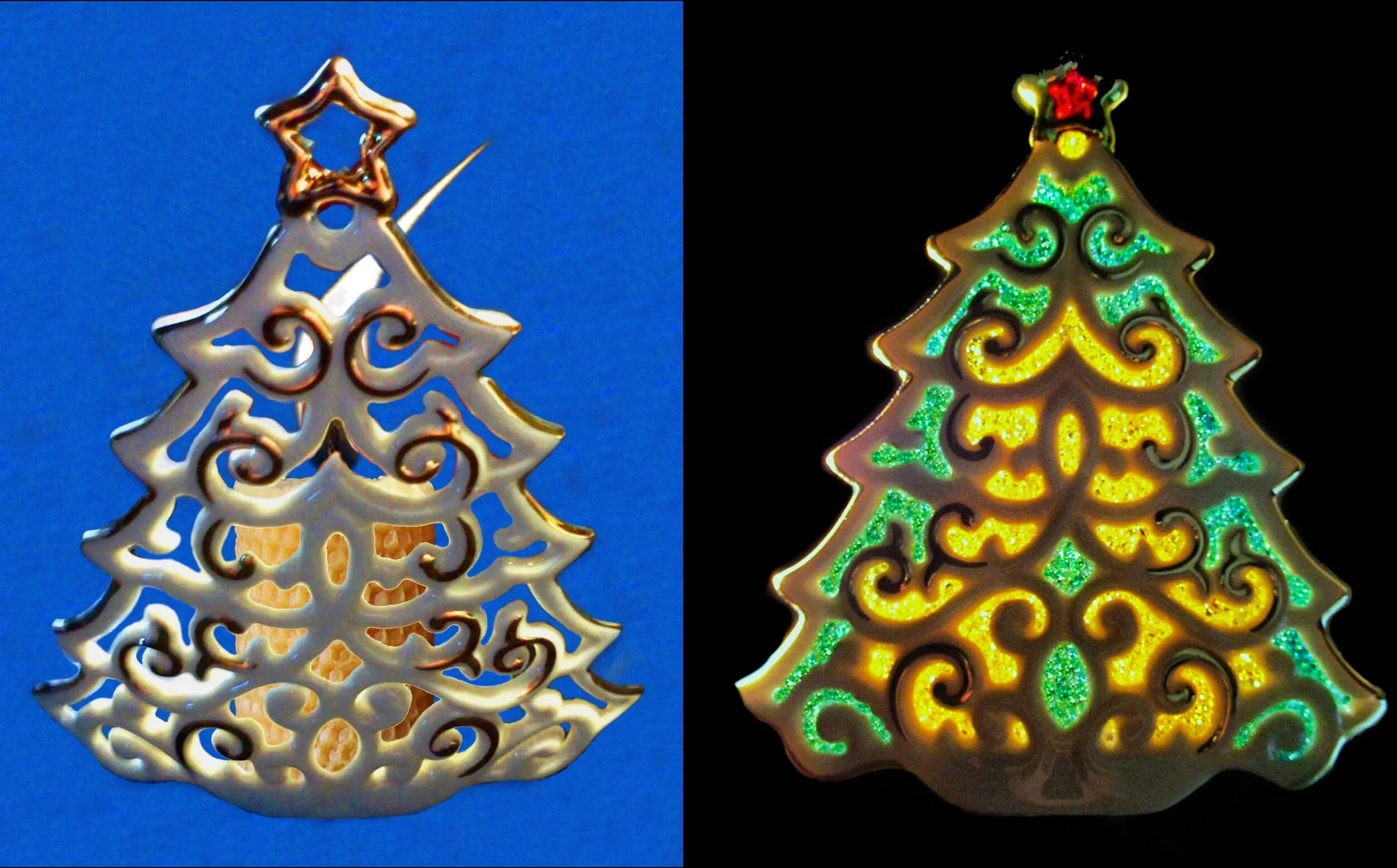   PORCELAIN PLIQUE-À-JOUR™  
A Reticulated Lenox Christmas Tree Votive Light 
Porcelain Casting Inlaid With Heat-Fused Glass Frit  
(5" Tall)