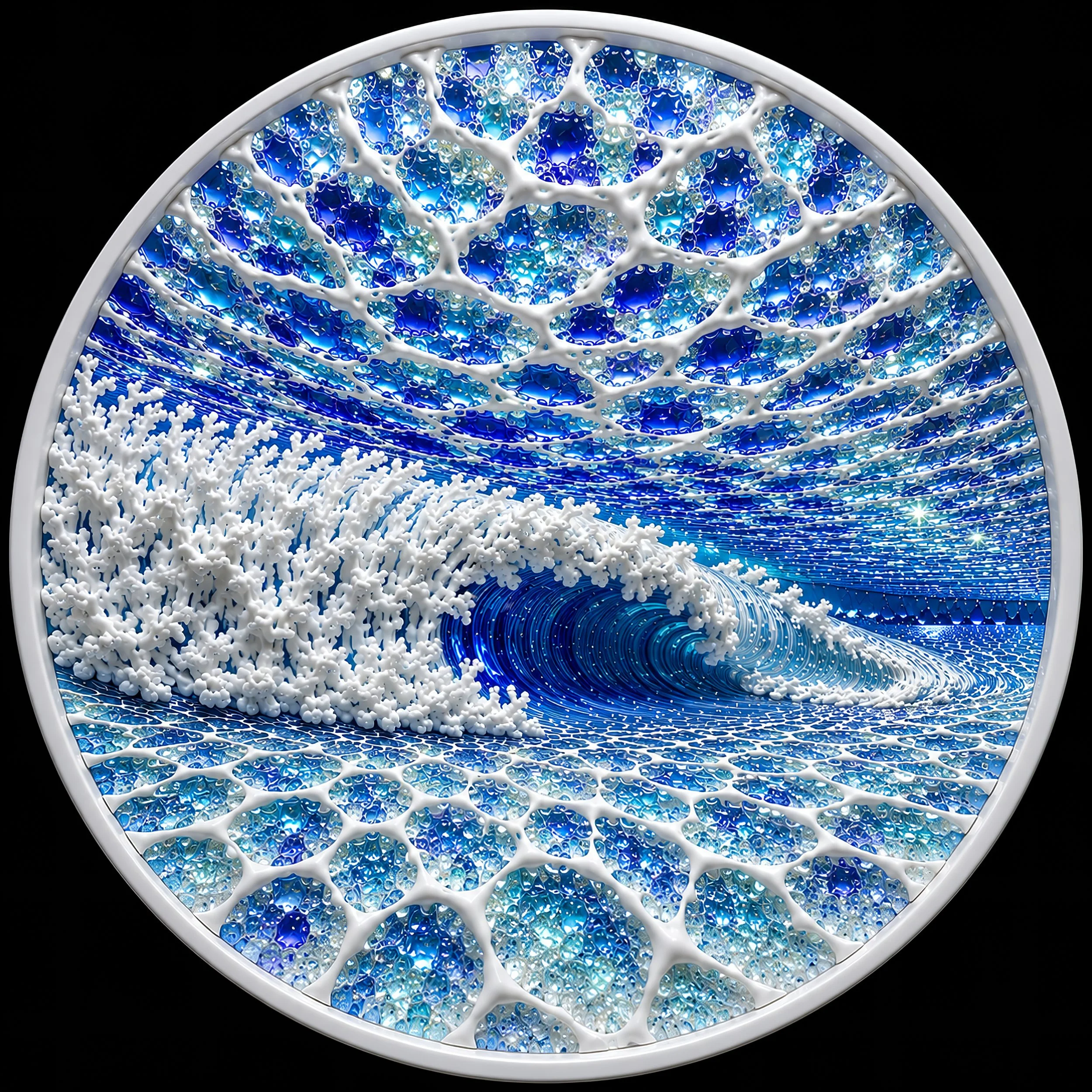 BENEATH THE WAVES

Sculpted reticulated white Jasperware porcelain,
crystalline PORCELAIN PLIQUE-À-JOUR™ glass, and layered blue china paints
combine to create a luminous underwater world of depth, sparkle, and movement.