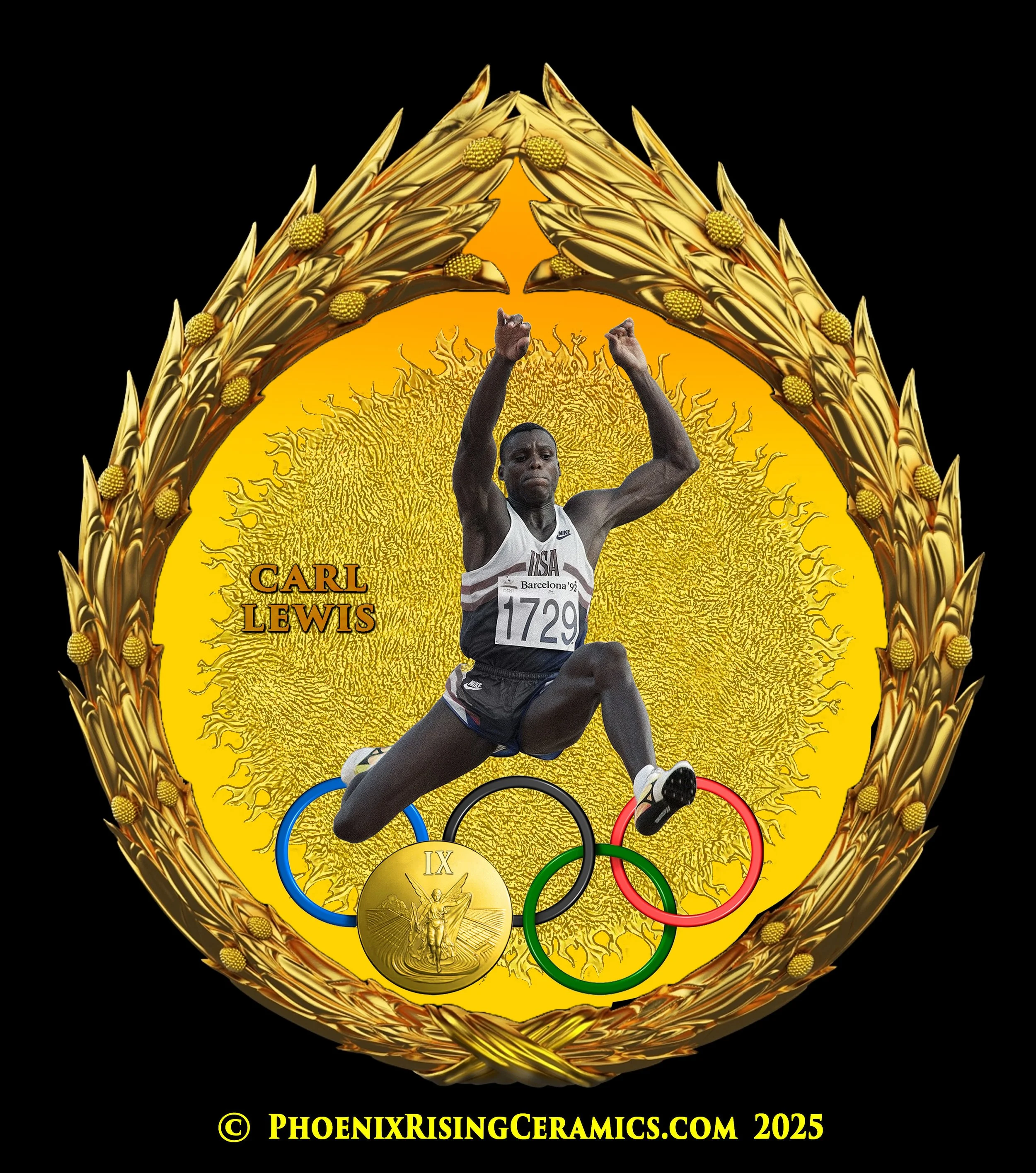 CARL LEWIS Set in My Gilded Olympics Wreath
Black Basalt & White Porcelain Figure, Jasperware Porcelain Background
Attached 'GOLD MEDAL' Made of Gilded Metal
For The Commemorative Collectibles Series
