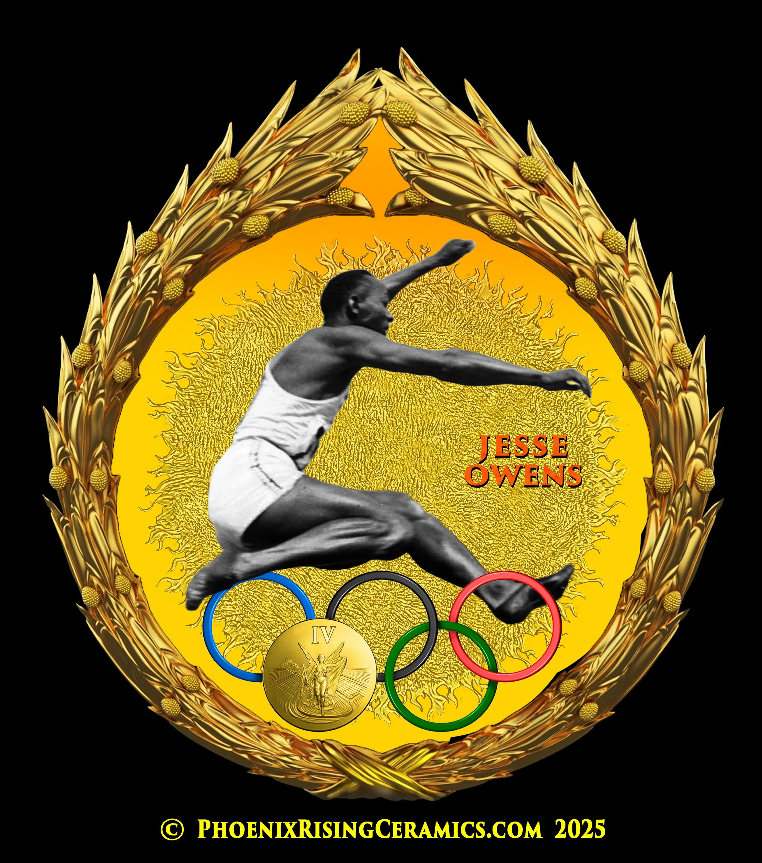 JESSE OWENS Set in My Gilded Olympics Wreath
Black Basalt & White Porcelain Figure, Jasperware Porcelain Background
Attached 'GOLD MEDAL' Made of Gilded Metal
For The Commemorative Collectibles Series
