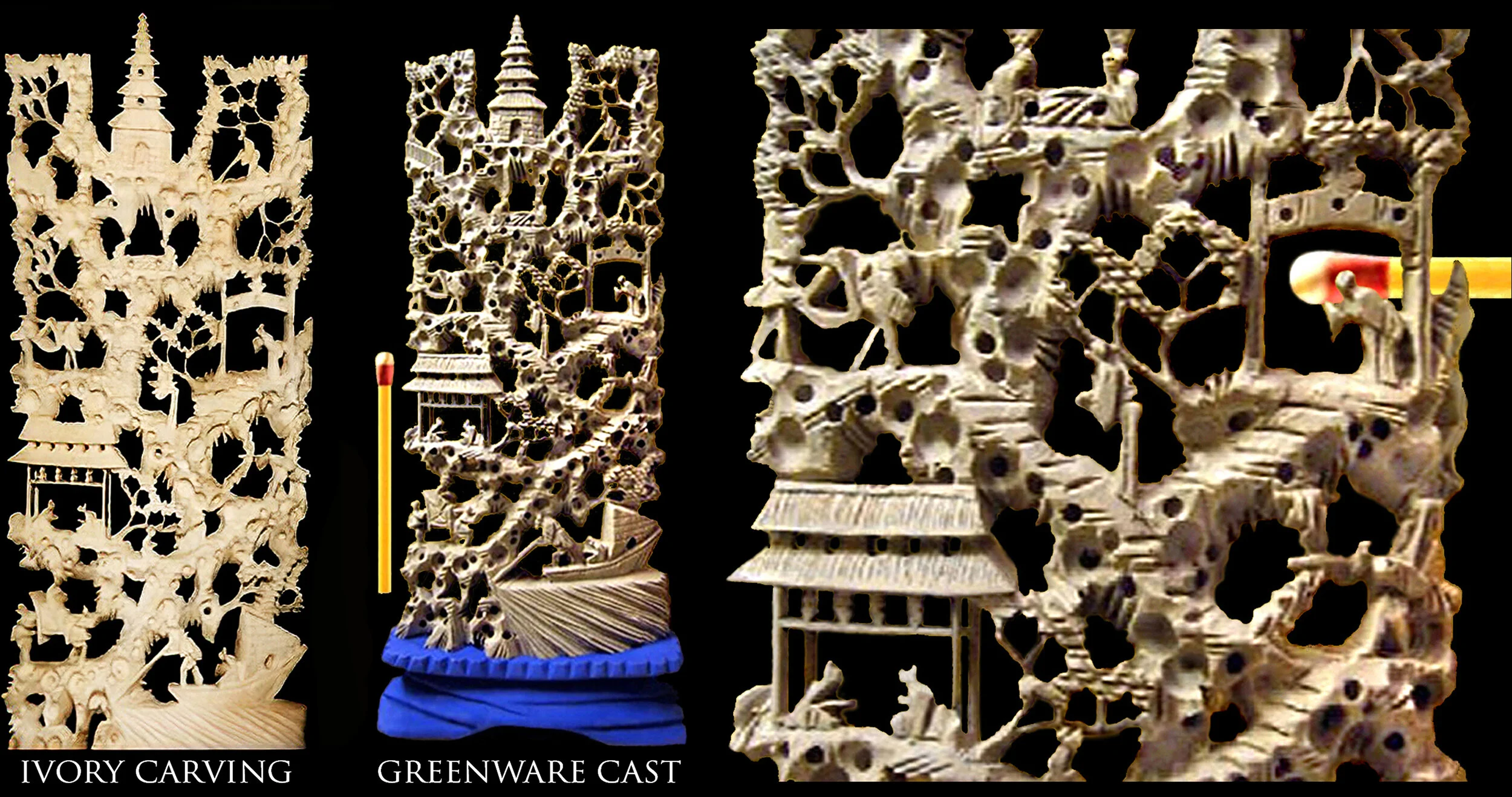 CHINESE VILLAGE 6" Ivory Carving [L] 
 Greenware Jasperware Porcelain Cast [C & R] 
 Formed In Mere Seconds As Part Of My {Then As Yet Untested 'Proof Of Concept'}
 FASTCAST SYSTEM Proving To Be A Self-Evident And Completely Successful Test