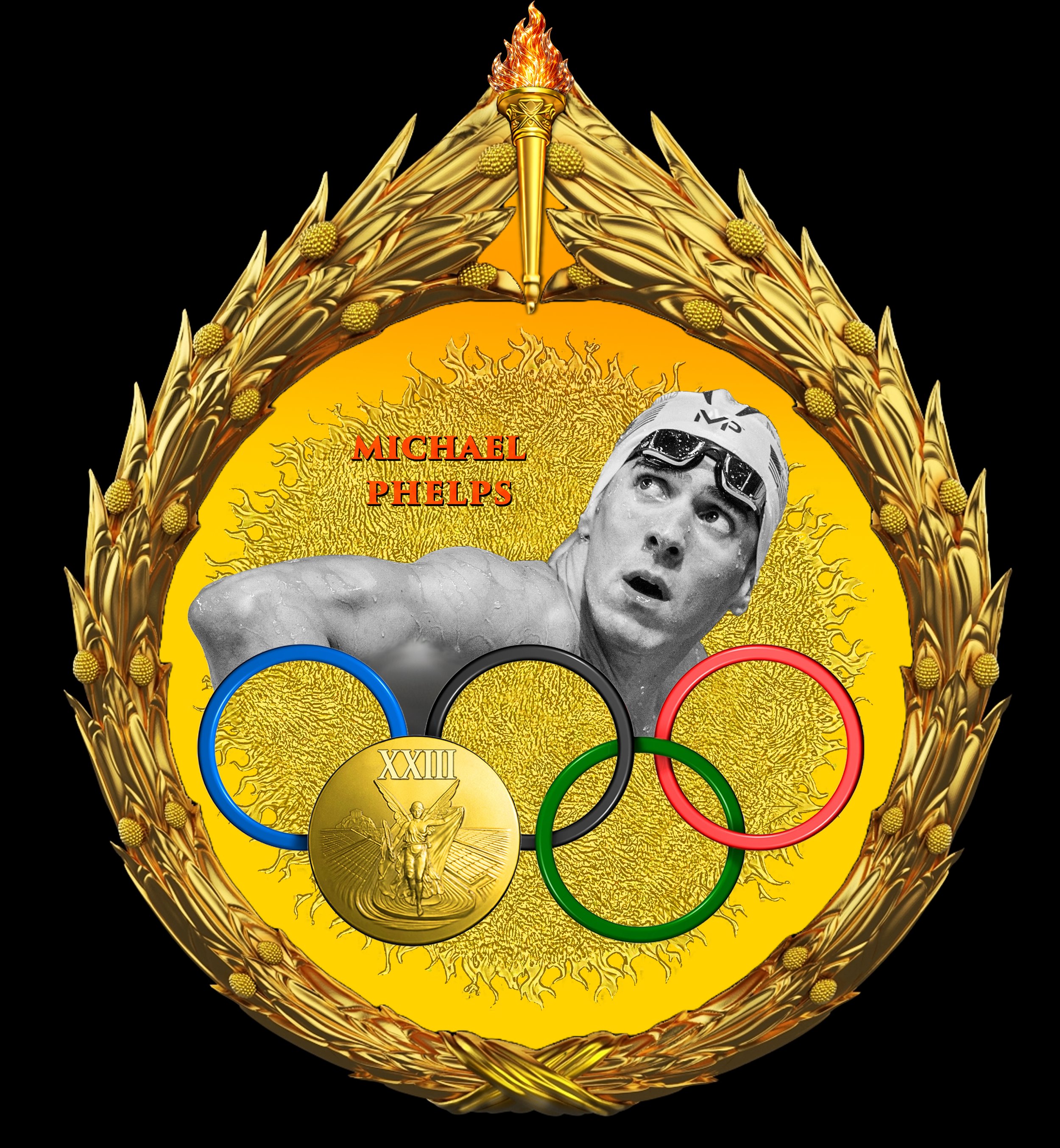 MICHAEL PHELPS Set in My Gilded Olympics Wreath
Black Basalt & White Porcelain Figure, Jasperware Porcelain Background
Clear Glaze Applied to Create The Effect of Water
Attached 'GOLD MEDAL' Made of Gilded Metal
For The Commemorative Collectibles Ser