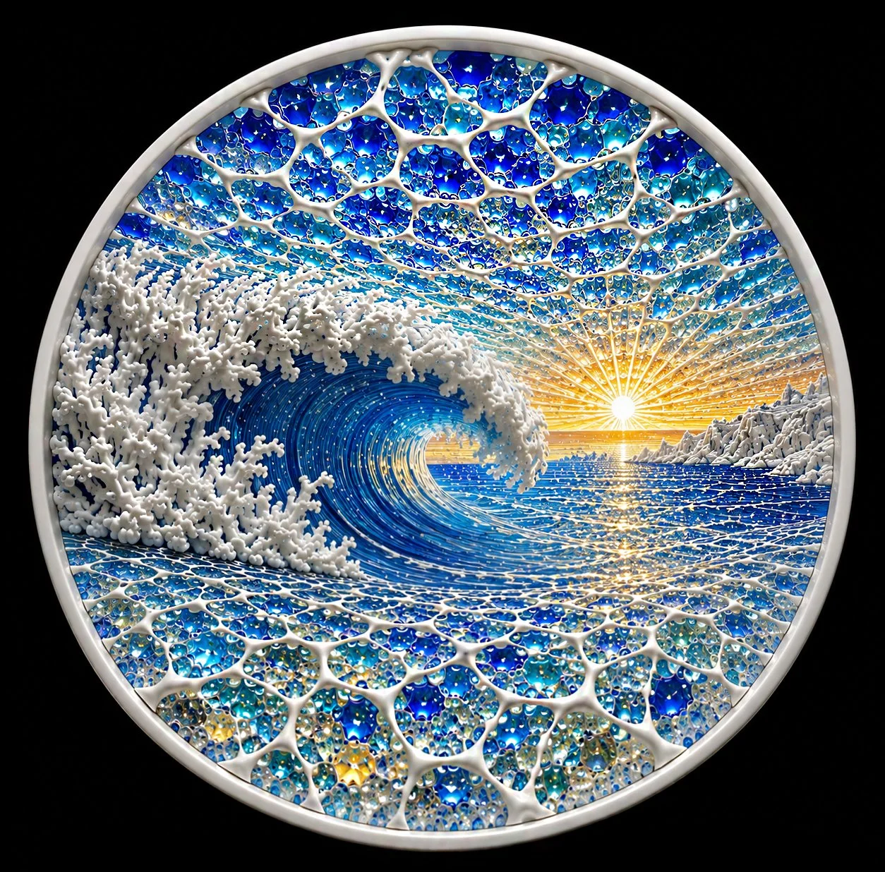 ABOVE THE WAVES

Sculpted reticulated white Jasperware porcelain,
crystalline PORCELAIN PLIQUE-À-JOUR™ glass, and layered blue china paints
combine to create a luminous underwater world of depth, sparkle, and movement.
