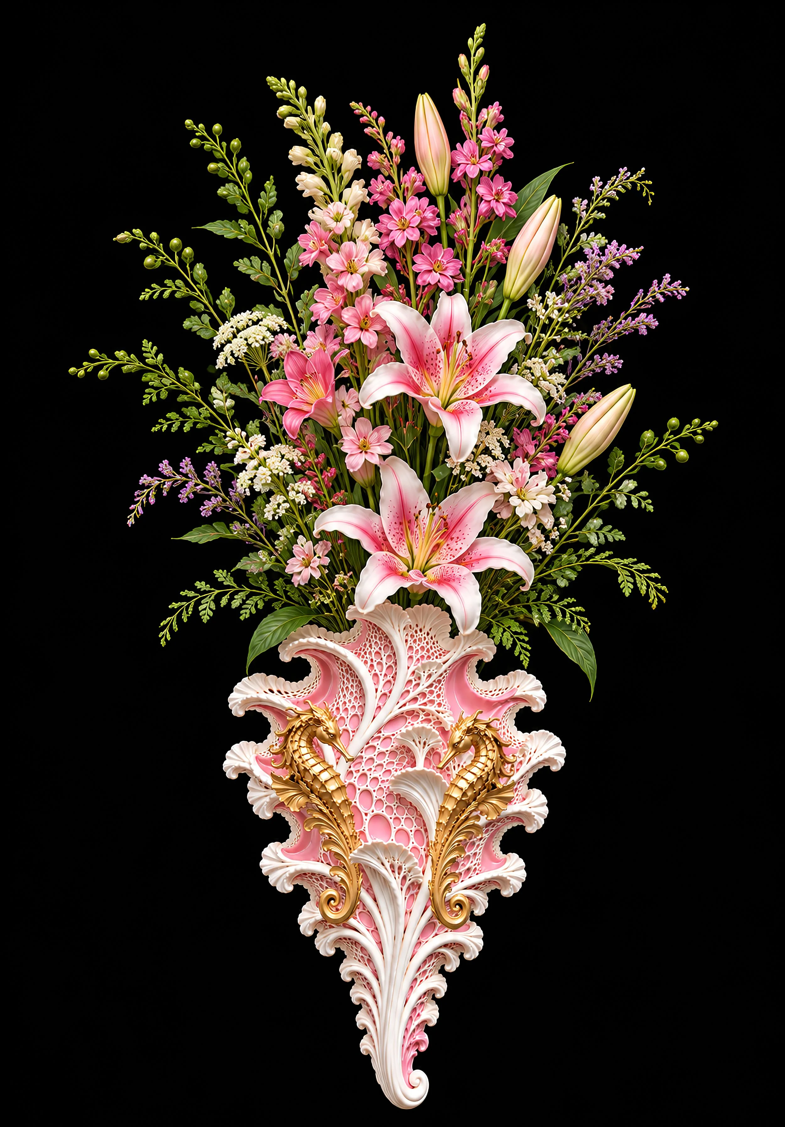AS A WALL VASE
A sculptural porcelain wall vase,
adorned with burnished-gold seahorses.
Beautiful alone or transformed
with an arrangement of flowers.