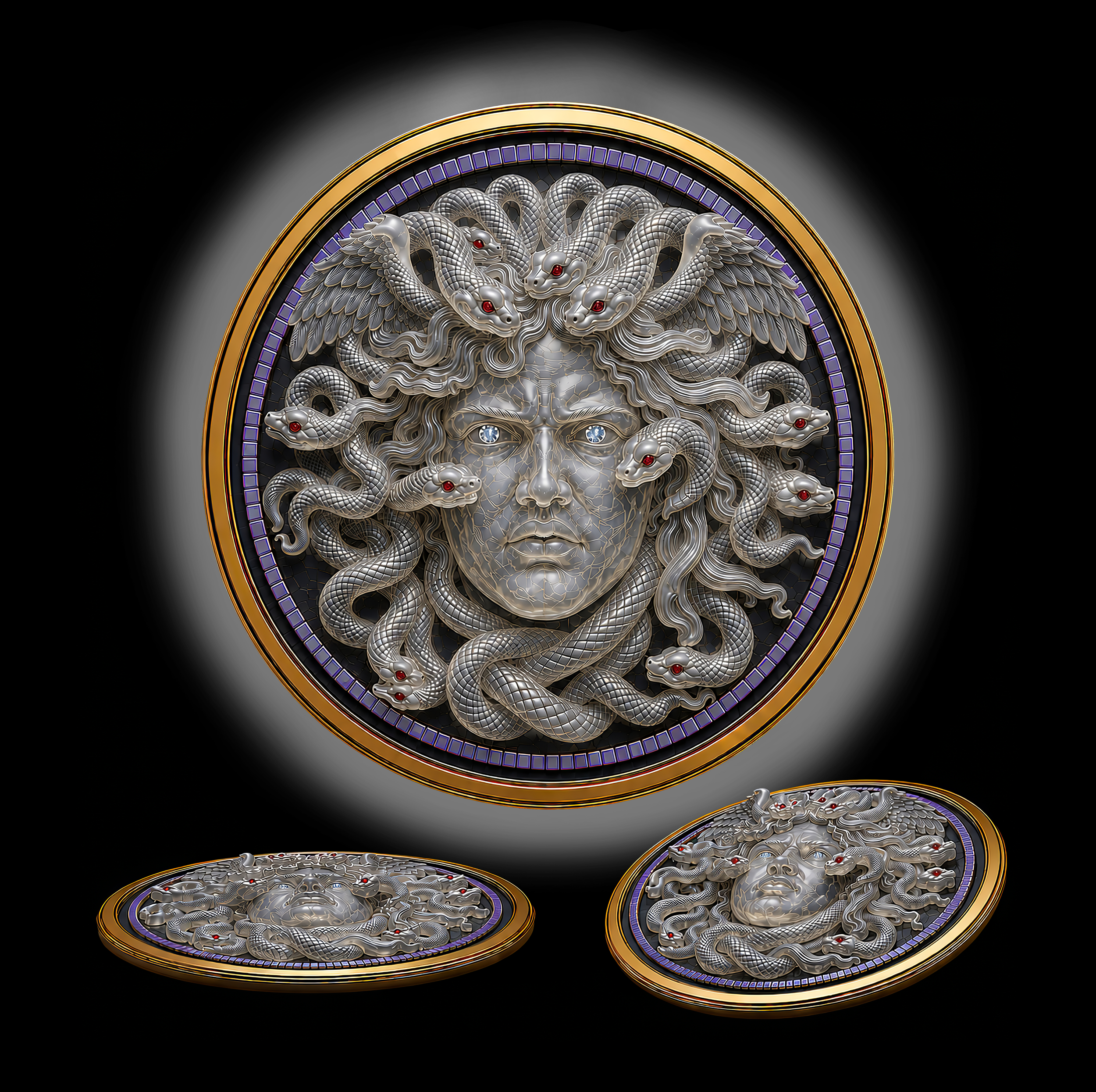 MEDUSA (Above)
PATE DE VERRE GLASS, GILDED And PURPLE LUSTERED PORCELAIN
With APPLIED SWAROVSKI GEMS

MEDUSA (Below)
PATE DE VERRE GLASS, GILDED PORCELAIN SHEILD 
And PORCELAIN PLIQUE-A-JOUR™
With APPLIED SWAROVSKI GEMS
