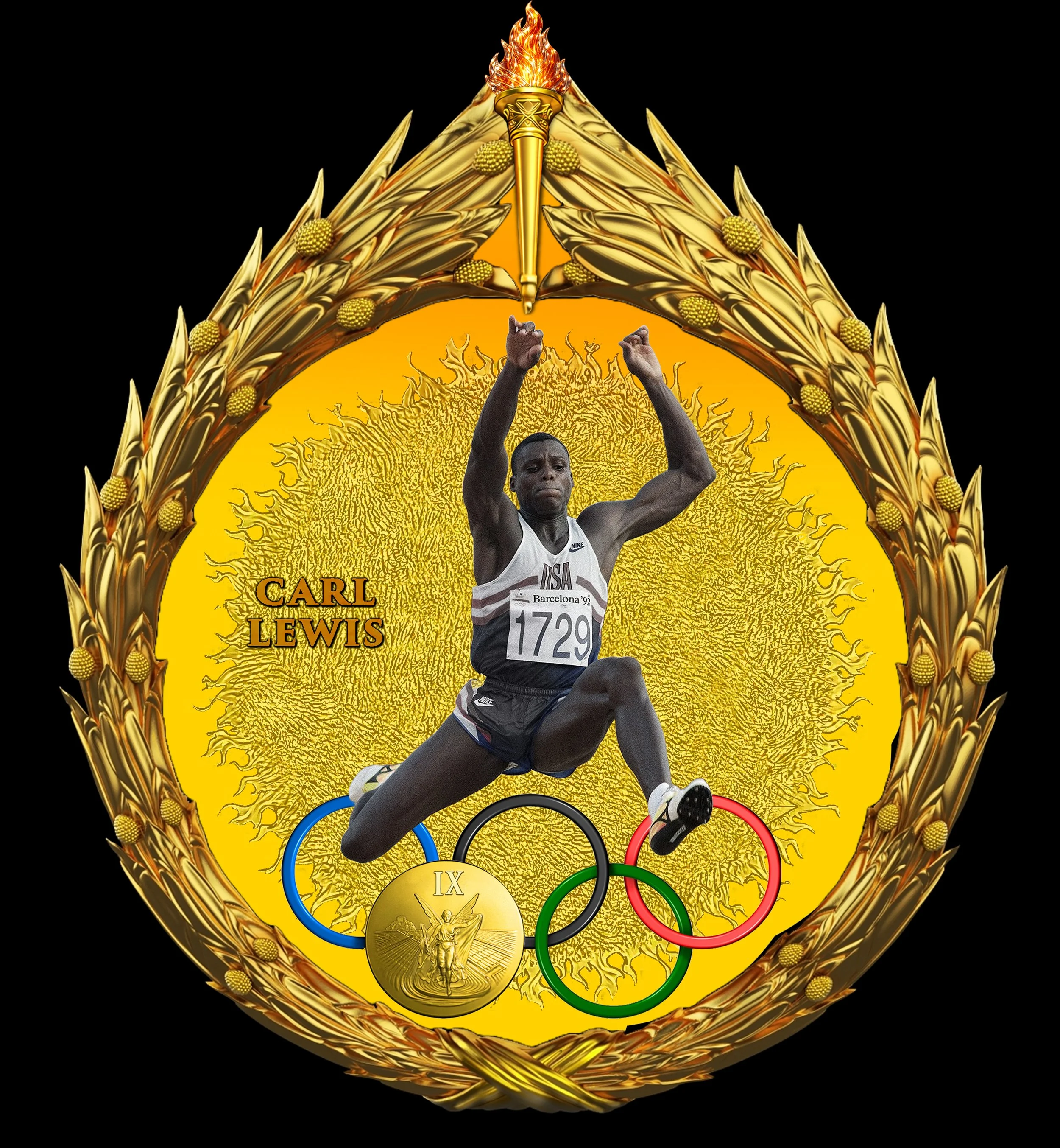 CARL LEWIS Set in My Gilded Olympics Wreath
Black Basalt & White Porcelain Figure, Jasperware Porcelain Background
Attached 'GOLD MEDAL' Made of Gilded Metal
For The Commemorative Collectibles Series