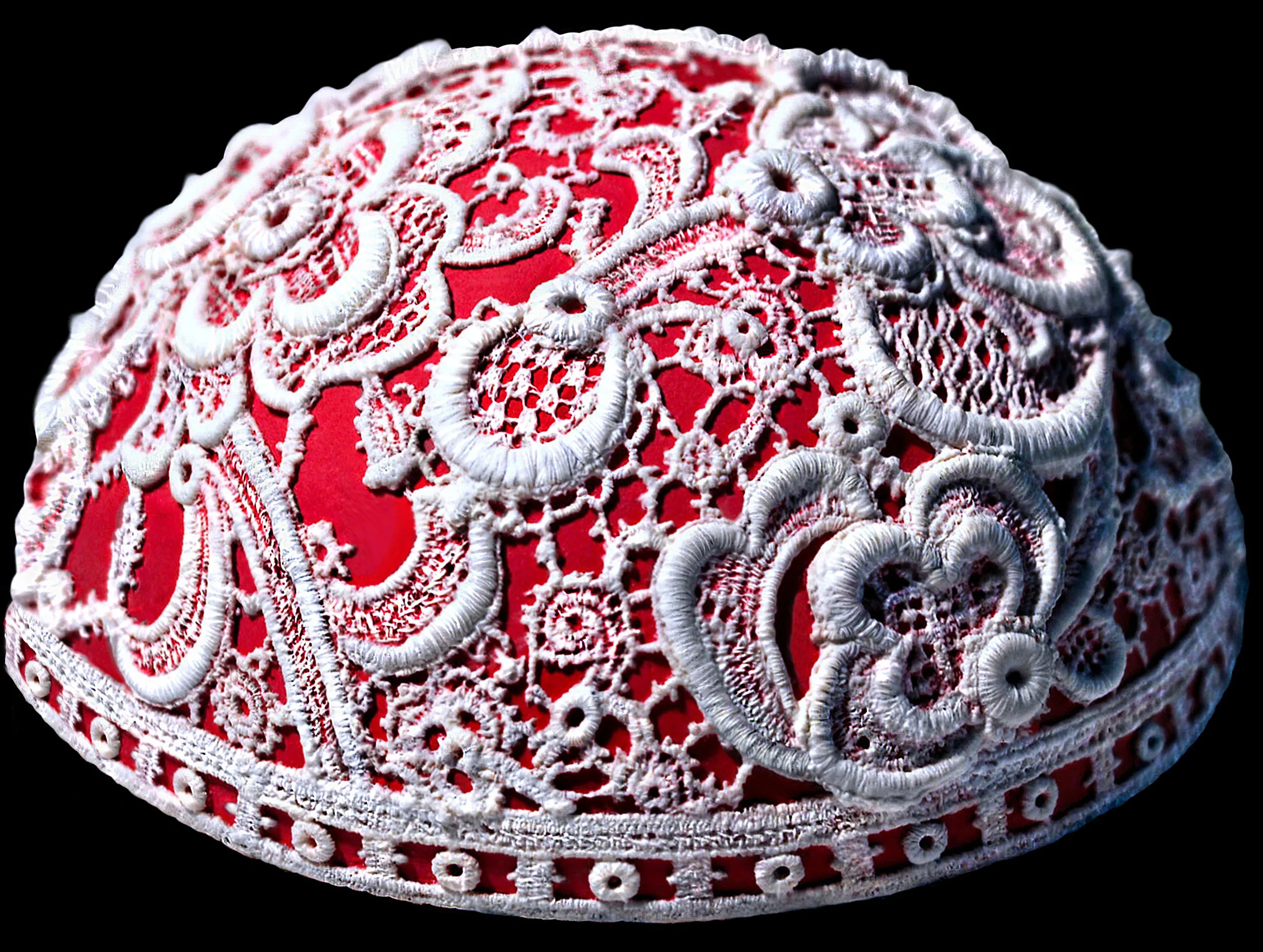 Hemisphere Of A CHRISTMAS BALL 
Jasperware Porcelain Lace™  Molded From Antique Lace 
Cast In A One-Piece, Open-Faced Rubber Mold
(5" Diameter)