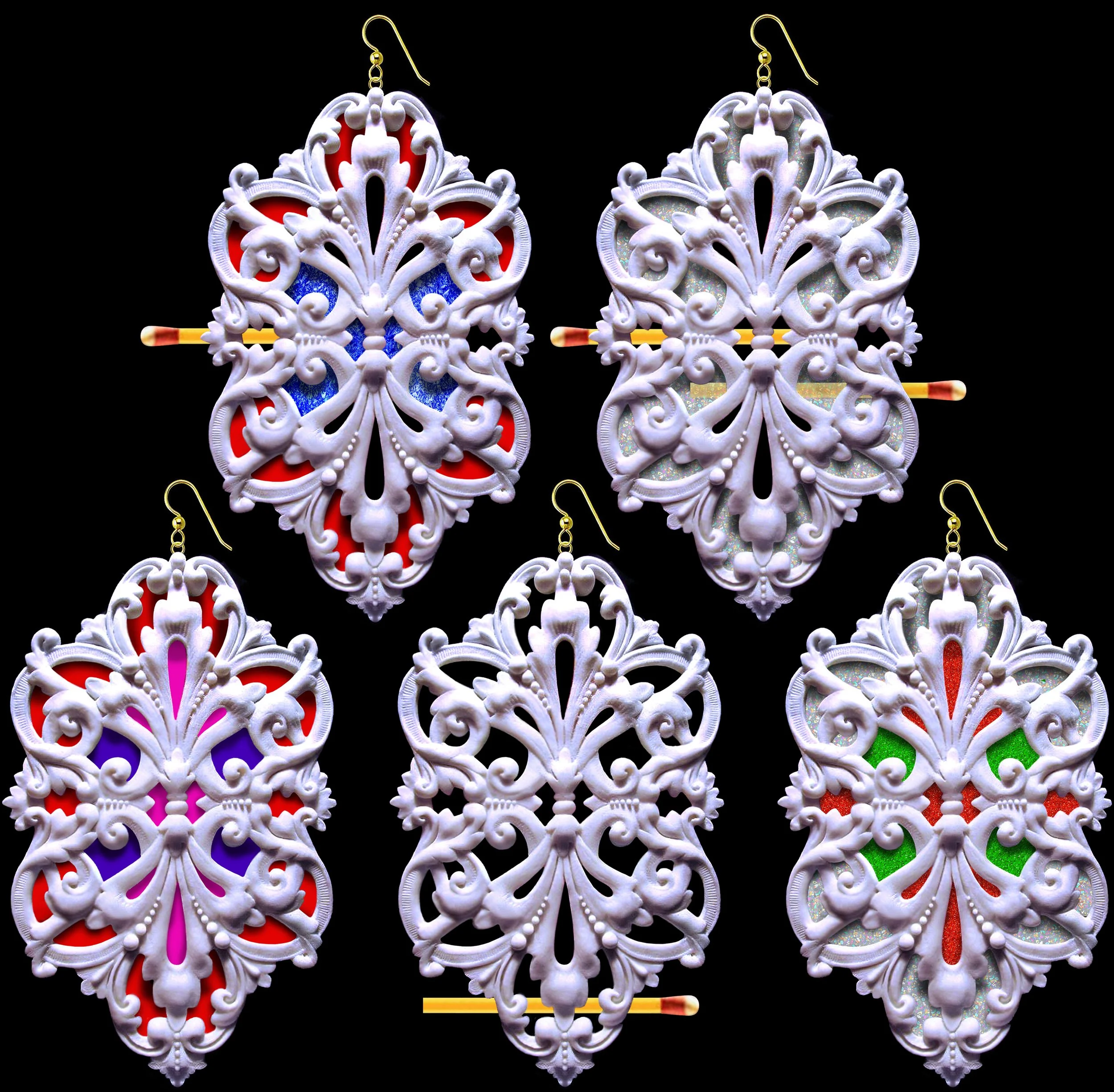 EARRINGS MONTAGE 
Top Row Left ~ Jasperware Porcelain, Glass Frit And Reticulation  
Top Row Right ~ Porcelain Plique-à-Jour™ and Reticulation  
Bottom Row Left ~ Jasperware  
Bottom Row Center ~ Reticulation  
Bottom Row Right ~ Porcelain Cloisonné™