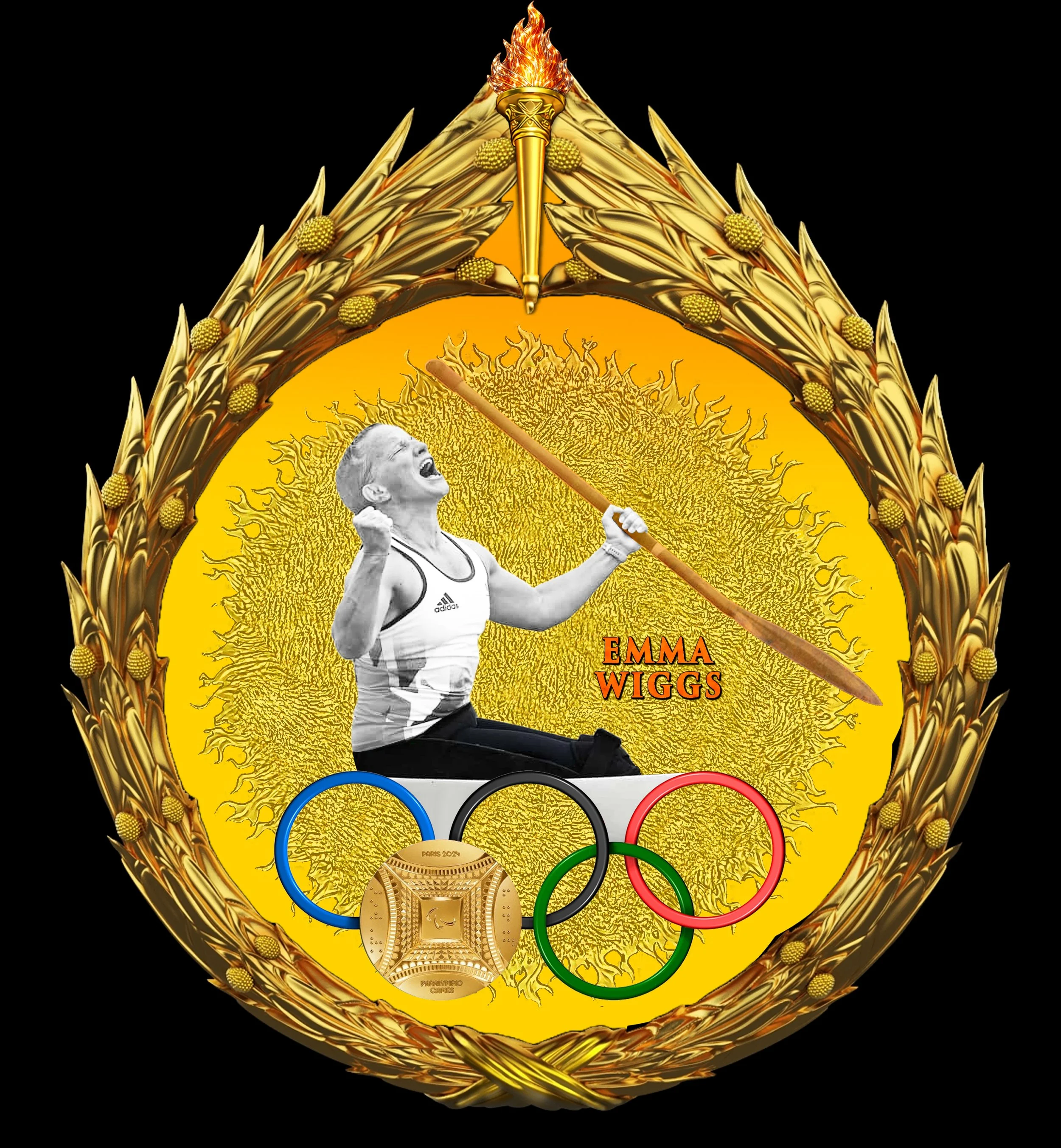 EMMA WIGGS Set in My Gilded Olympics Wreath
Black Basalt & White Porcelain Figure, Jasperware Porcelain Background
Oar Covered In Gold Leaf With Exotic Colorations
Clear Glaze Applied to Create The Effect of Water
Attached 'GOLD MEDAL' Made of Gilded