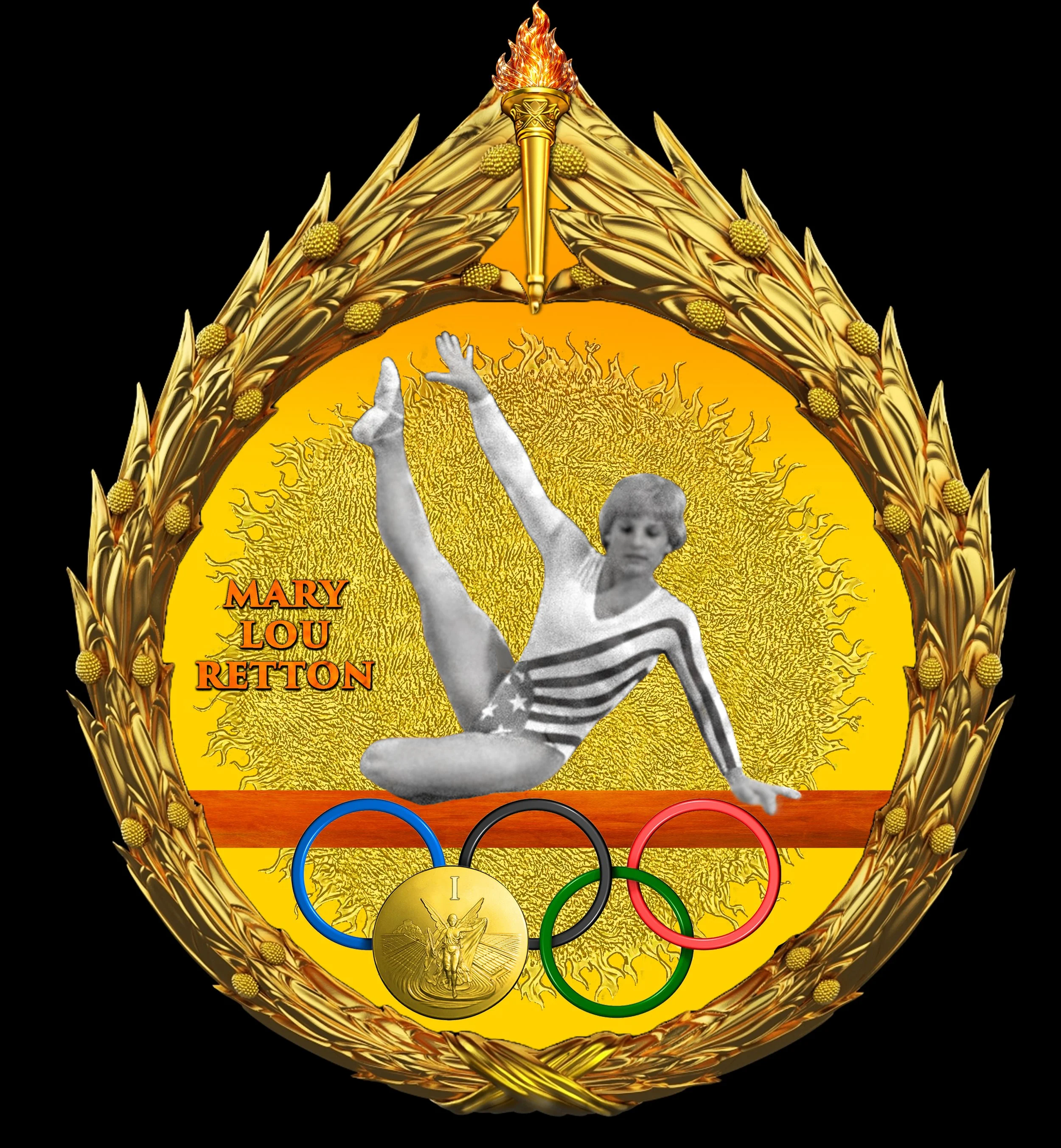 MARY LOU RETTON On Balance Beam Set in My Gilded Olympics Wreath
Black Basalt & White Porcelain Figure, Jasperware Porcelain Background
Attached 'GOLD MEDAL' Made of Gilded Metal
For The Commemorative Collectibles Series