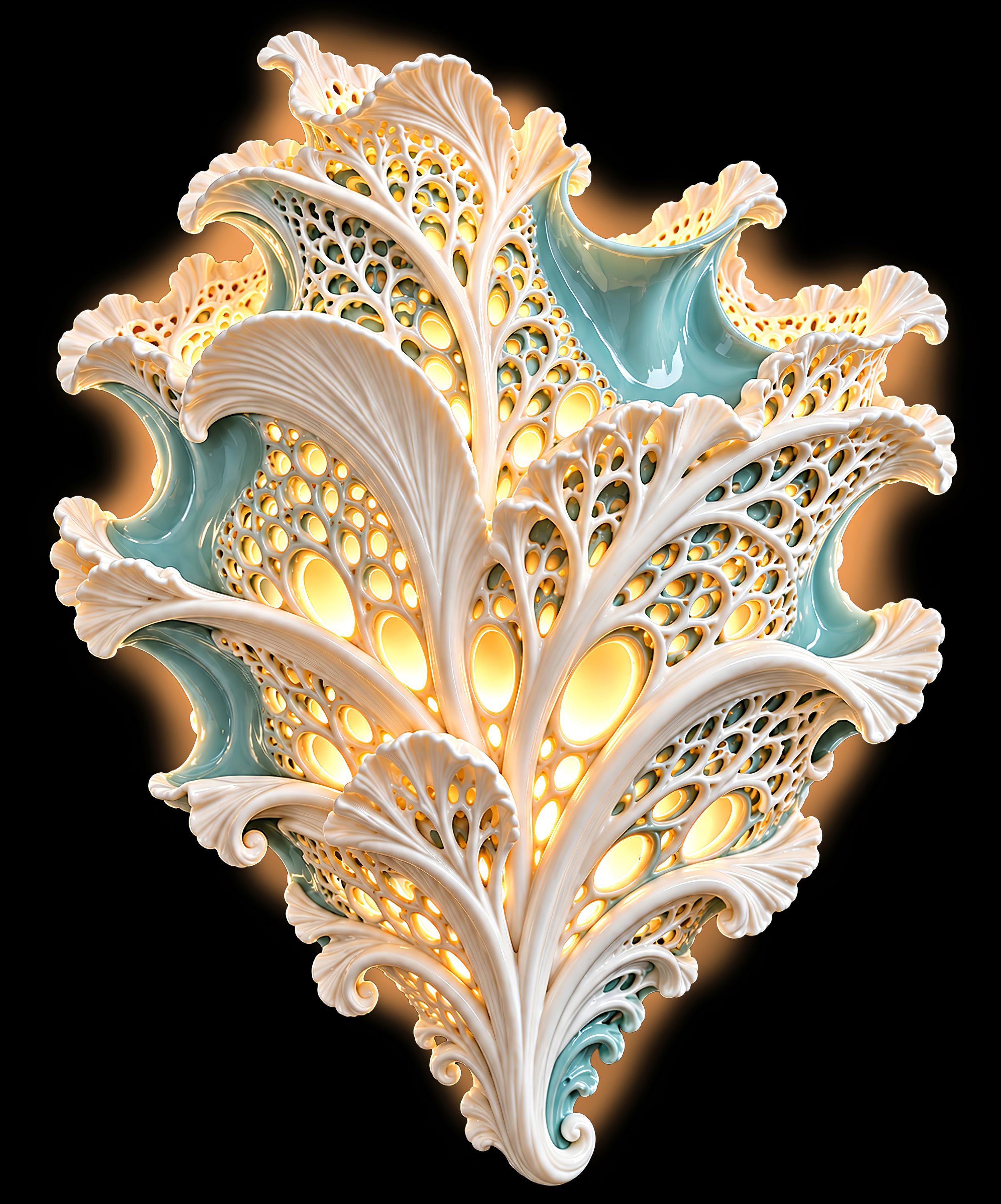 AS AN ILLUMINATED SCONCE
Reticulated porcelain transforms
light into ornament, allowing a warm
glow to illuminate the sculpture
from within.