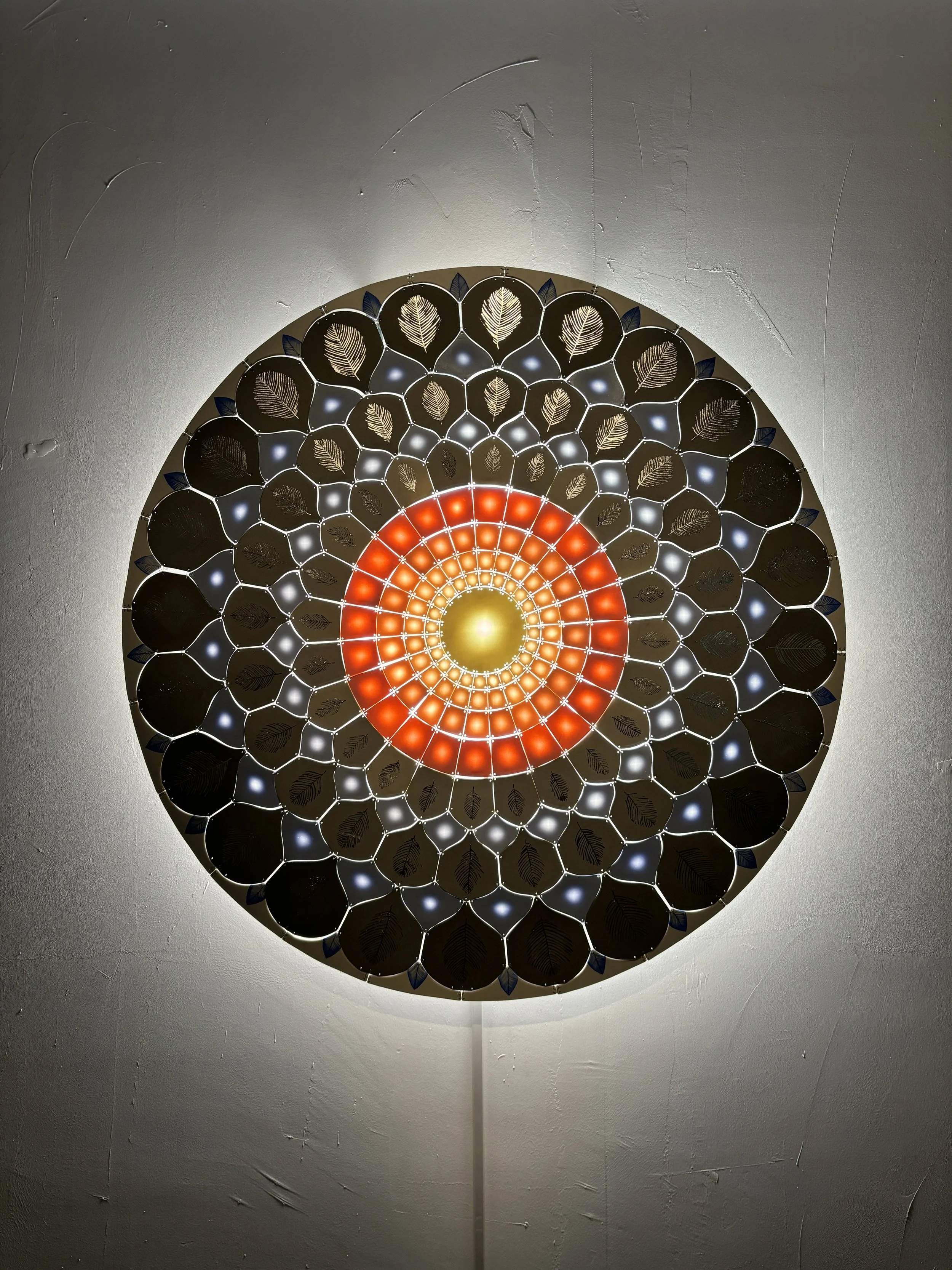 Fiona WONG Lai-ching 黃麗貞, "Haeckel’s Peacock 海克爾孔雀", 2013, Porcelain with colour stain, copper wire, light installation, 98 cm in diameter