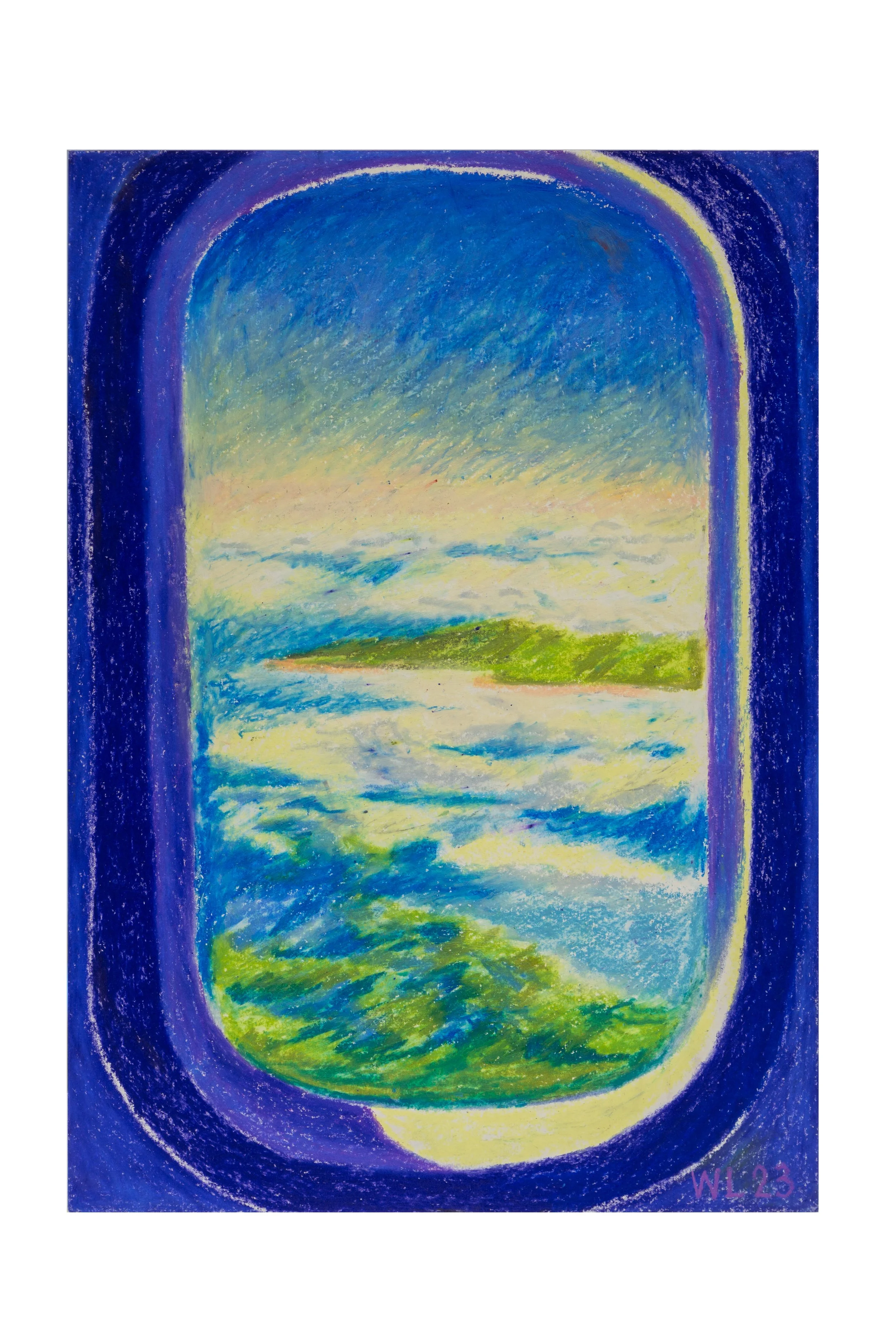 William Lim 林偉而,
June 28, 23 14:04 JAL73 Hawaii to Haneda ,Pastel on paper,  30 x 21 cm , 2023 
