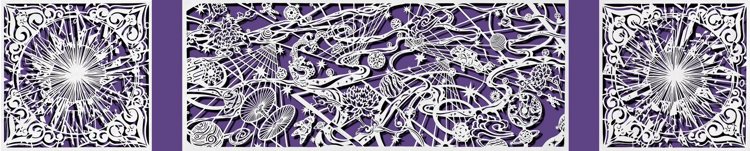 Phoenix/Big Bang, 2022, Cut Xuan paper on silk, Triptych, 27x140cm