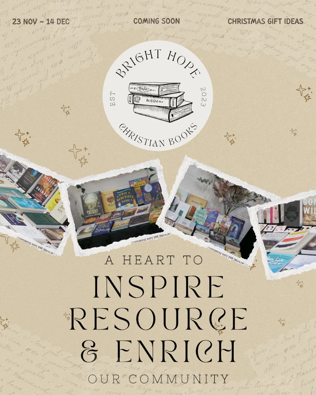 ✨ Bright Hope Book Stall is coming to Generations Church! ✨
From 23 Nov &ndash; 14 Dec, come explore meaningful Christmas gifts, devotionals, kids books, and more. Let&rsquo;s prepare our hearts and our stockings for Christmas 🎄🤍
