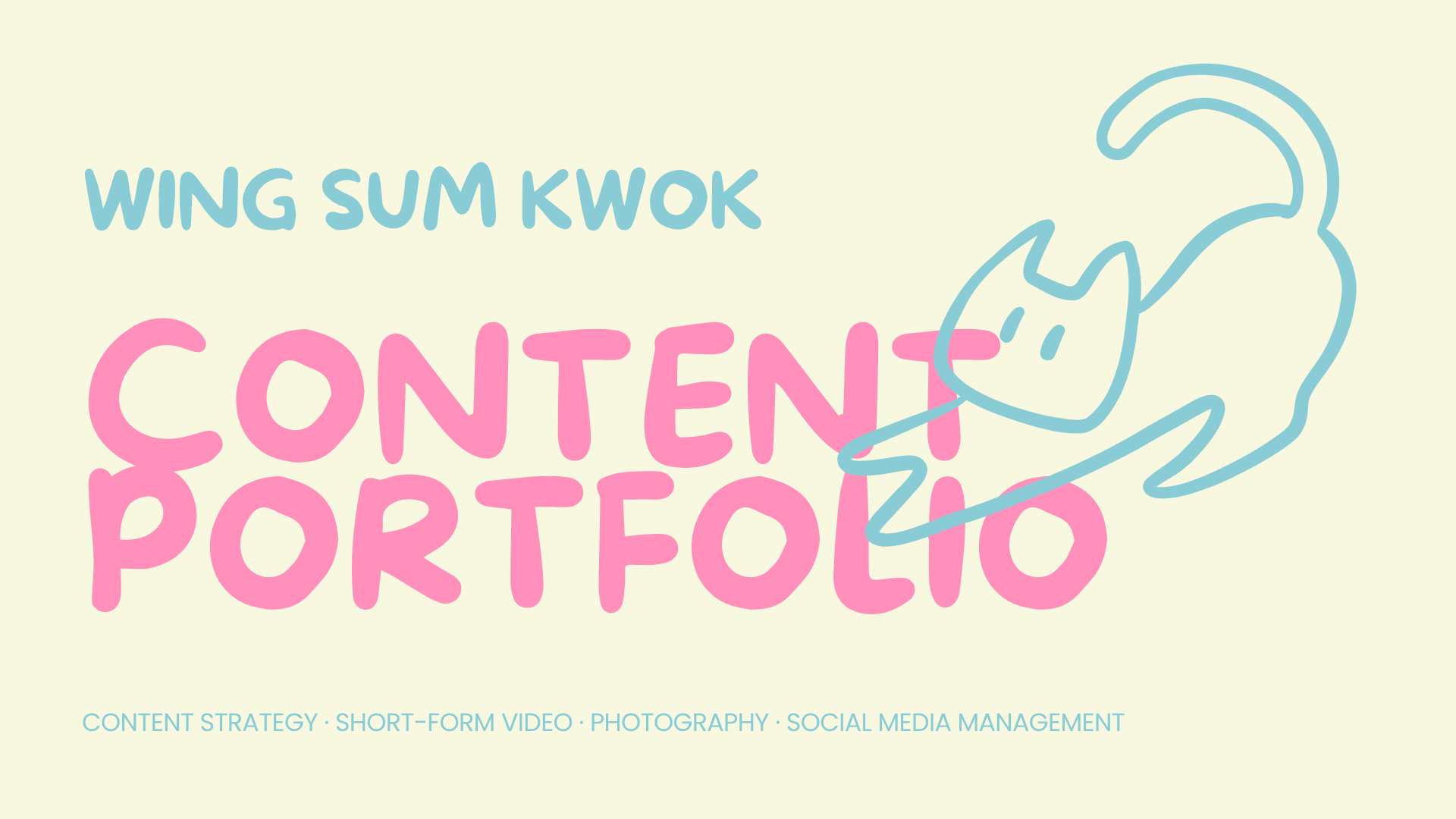 Text on a pastel background reading "WING SUM KWOK CONTENT PORTFOLIO" with a minimalist line drawing of a bird in flight