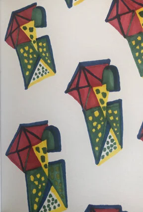 A pattern of flags with red tops, yellow dots, and green bases on a white background.