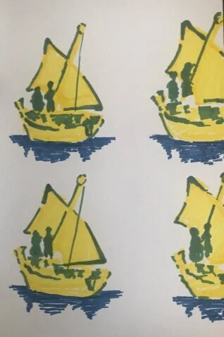 Pattern of yellow sailboats on white background.