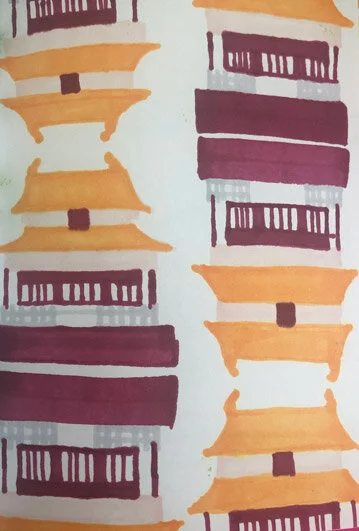 Pattern of alternating stylized pagoda and rectangular shapes in yellow and maroon colors.