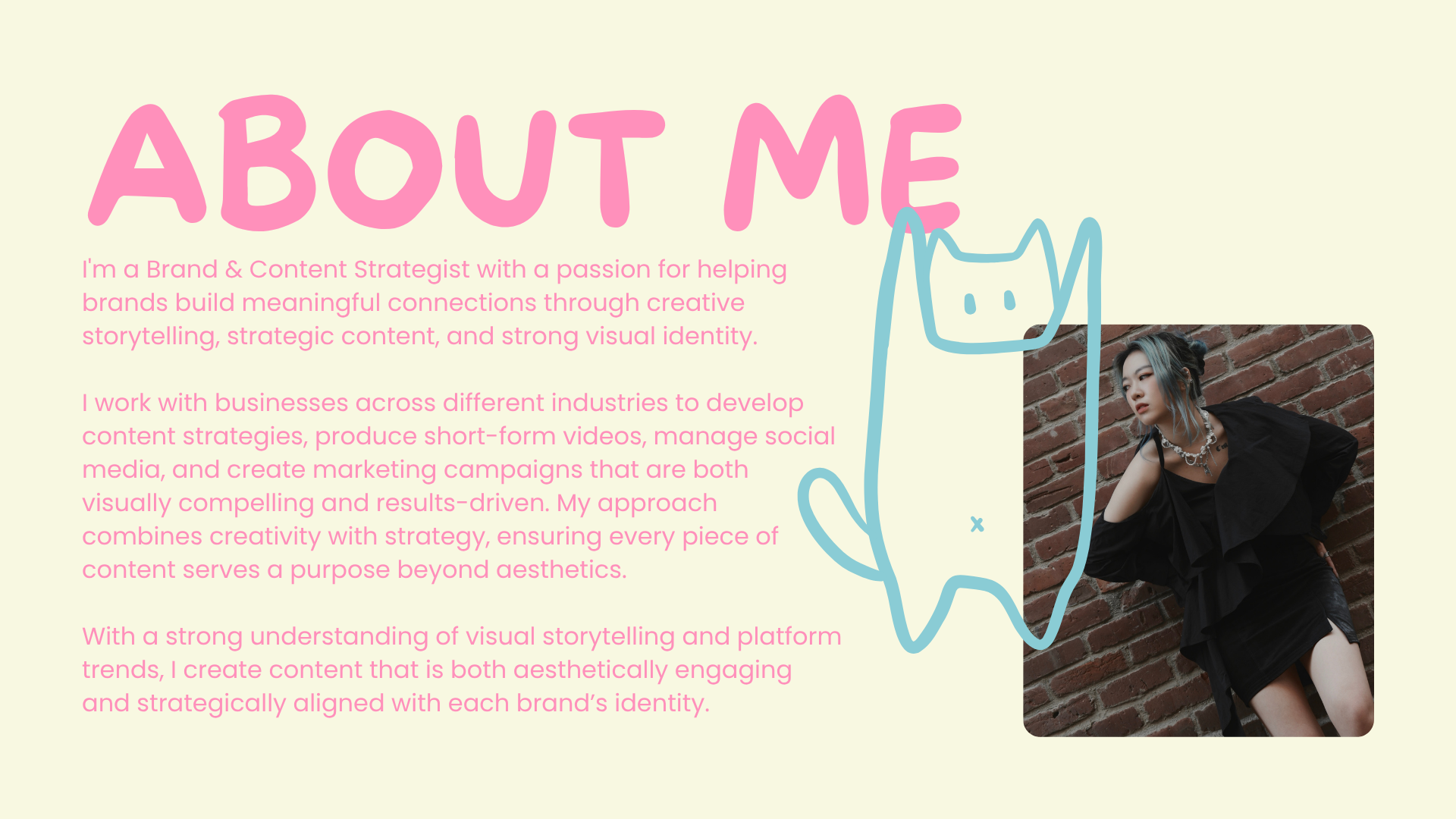 A webpage titled 'About Me' with a pink hand-drawn cat illustration and a photograph of a woman with silver hair and dark clothing leaning against a brick wall.