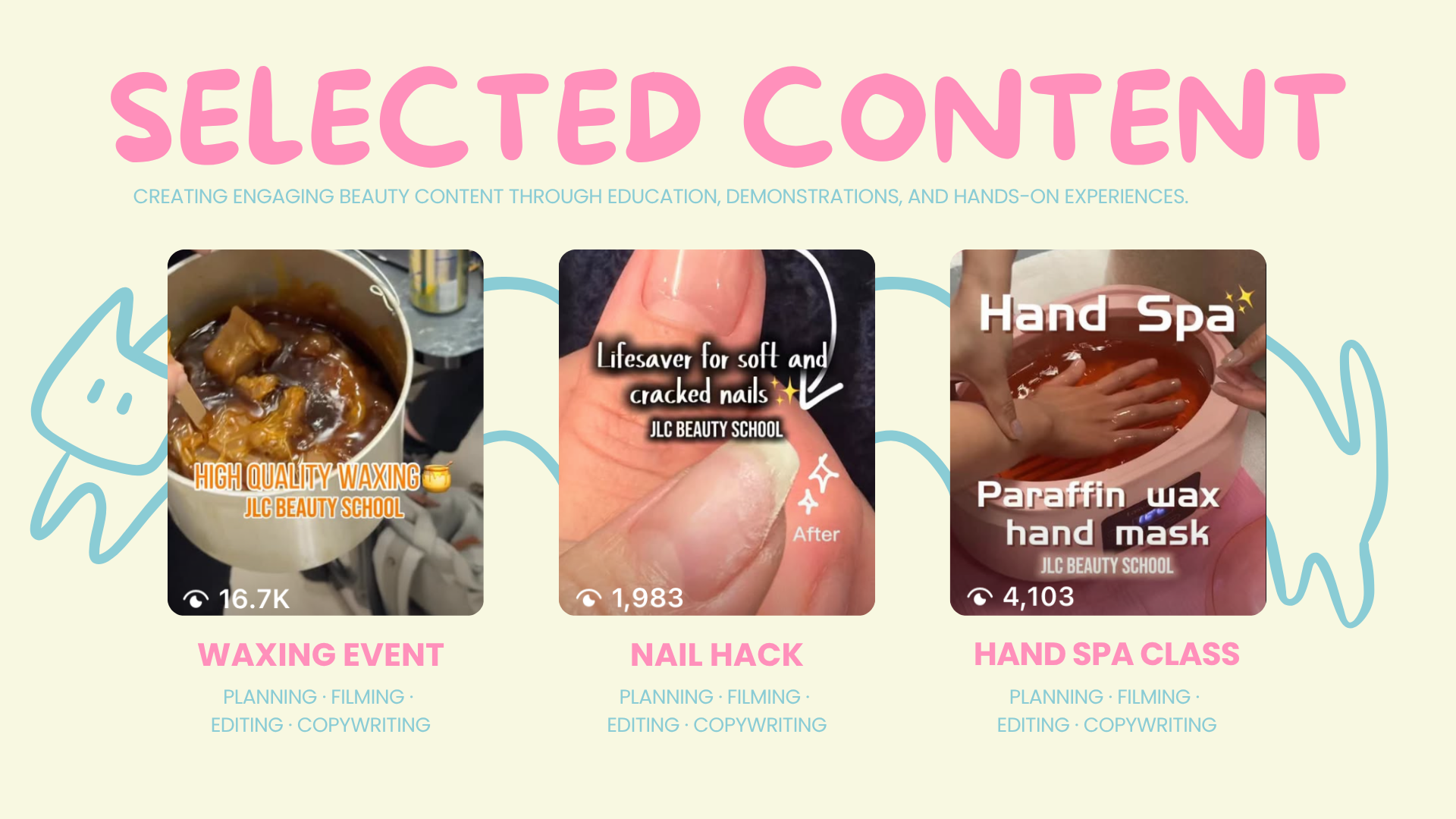 Screenshot of a webpage promoting beauty-related learning experiences. The page features three videos: one about high-quality waxing with a bowl of waxing substance, a nail hack showing a close-up of a thumb with text about soft and cracked nails, and a hand spa class with a person receiving a paraffin wax hand mask. The titles below the videos are "WAXING EVENT," "NAIL HACK," and "HAND SPA CLASS." The background has a light color with pink, blue, and white text and doodle-like illustrations of hands.