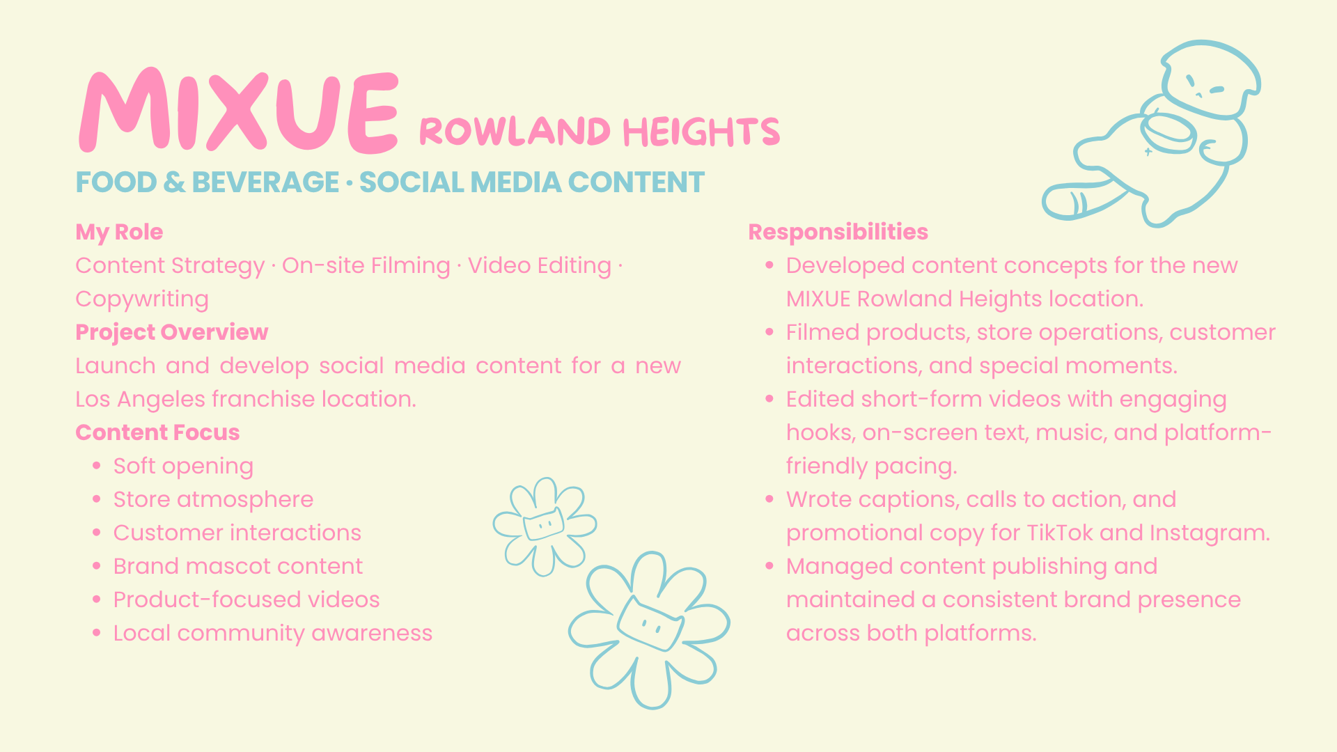 A digital board with the title 'MIXUE ROWLAND HEIGHTS' in large pink and purple letters, describing content strategy, social media content, and responsibilities, with colorful flowers and playful doodles in the background.