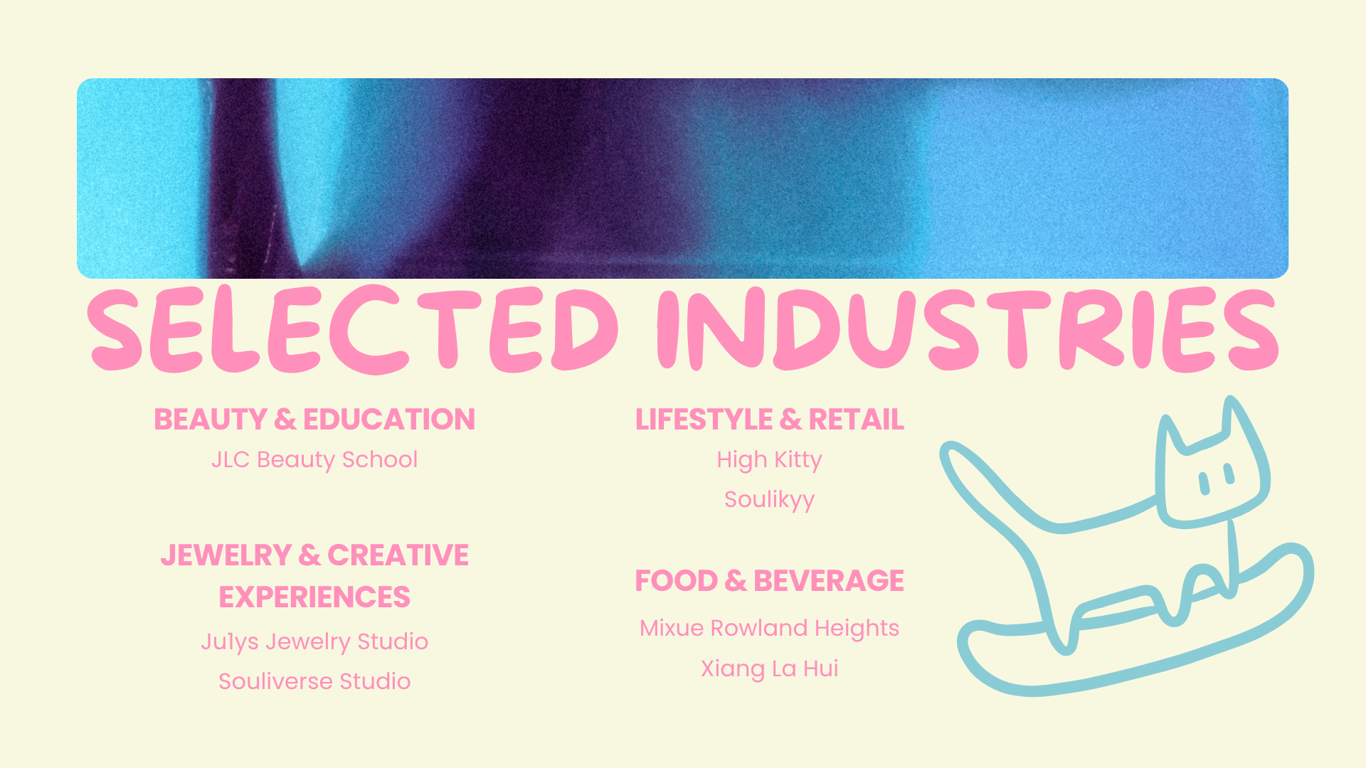 Colorful website header with pink text reading "Selected Industries" and categories including beauty & education, jewelry & creative experiences, lifestyle & retail, food & beverage, along with a simple blue line drawing of a cat on the right side.