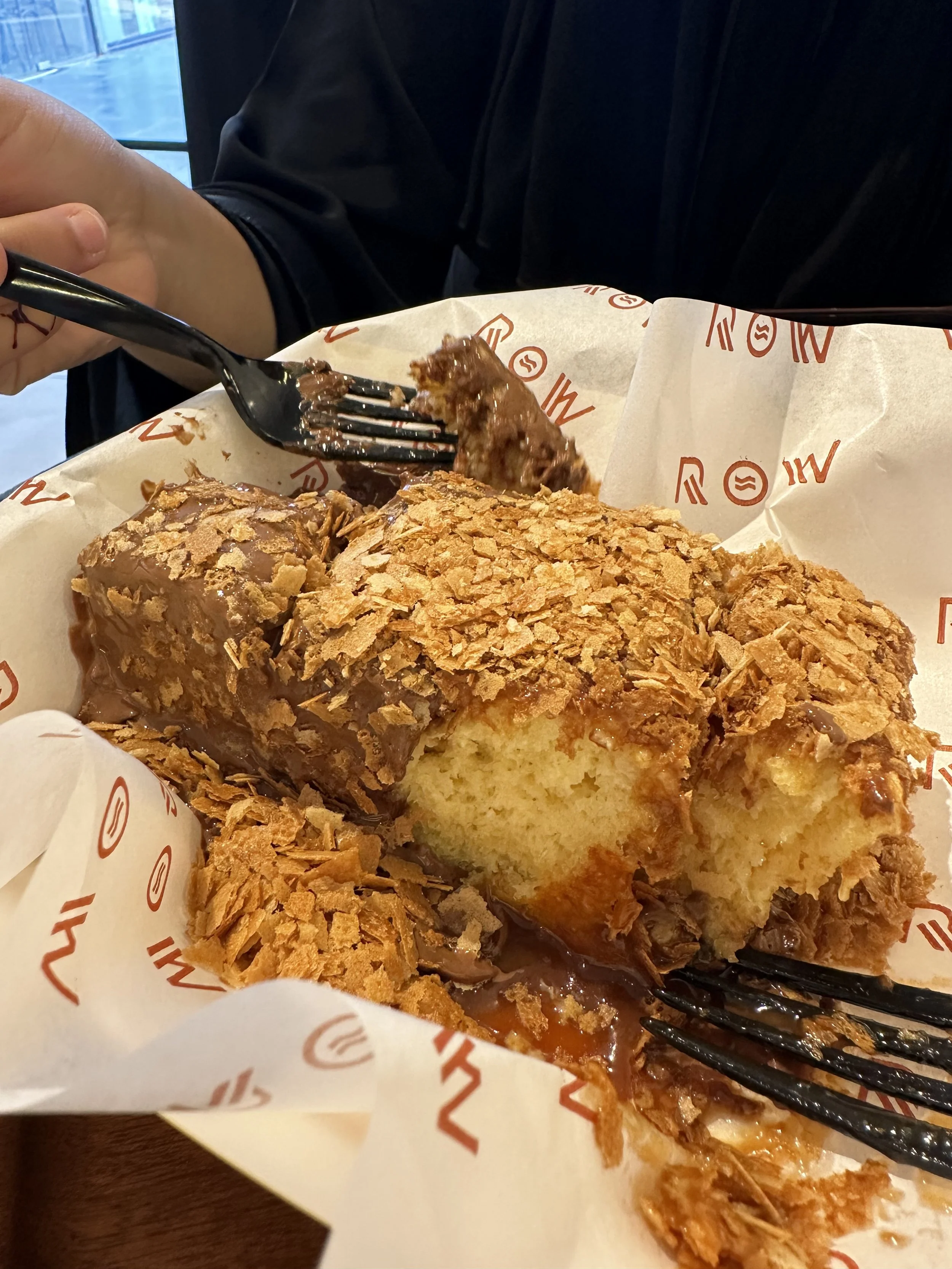 French toast- half caramel, half chocolate.  Girls loved it, from The Row, Madinah