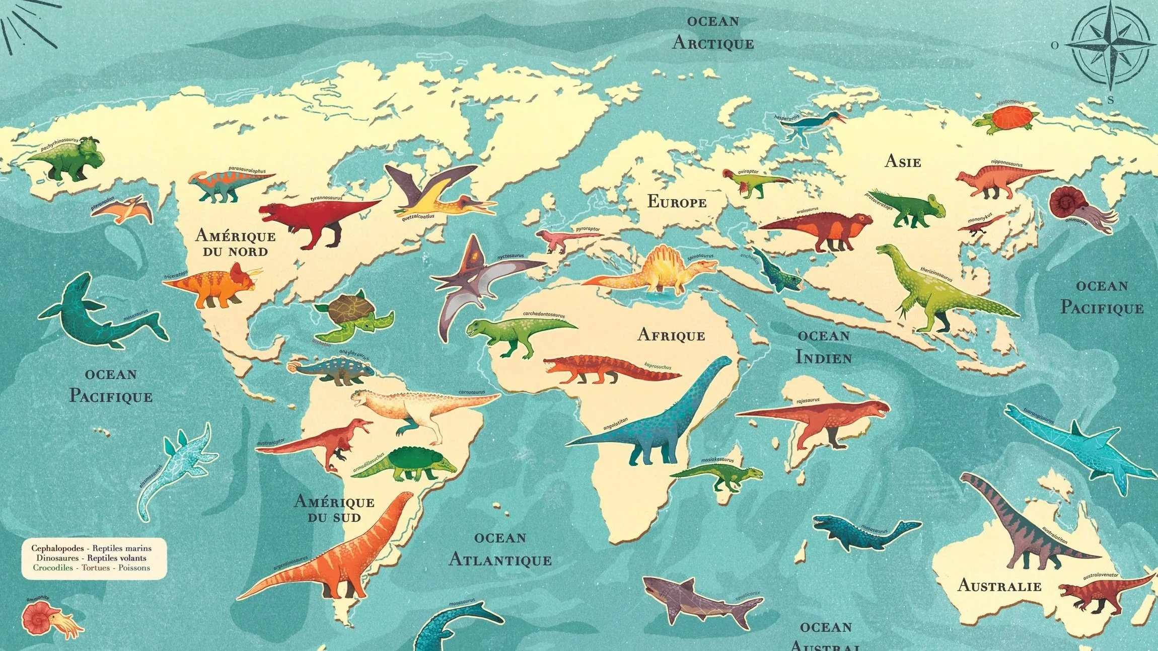 Carte du monde avec illustrations de différents animaux préhistoriques, comme des dinosaures, des reptiles marins, des crocodiles, des tortues et des poissons, répartis selon leurs régions. La carte utilise un style dessin animé et indique les océans et les continents, avec des noms en français.