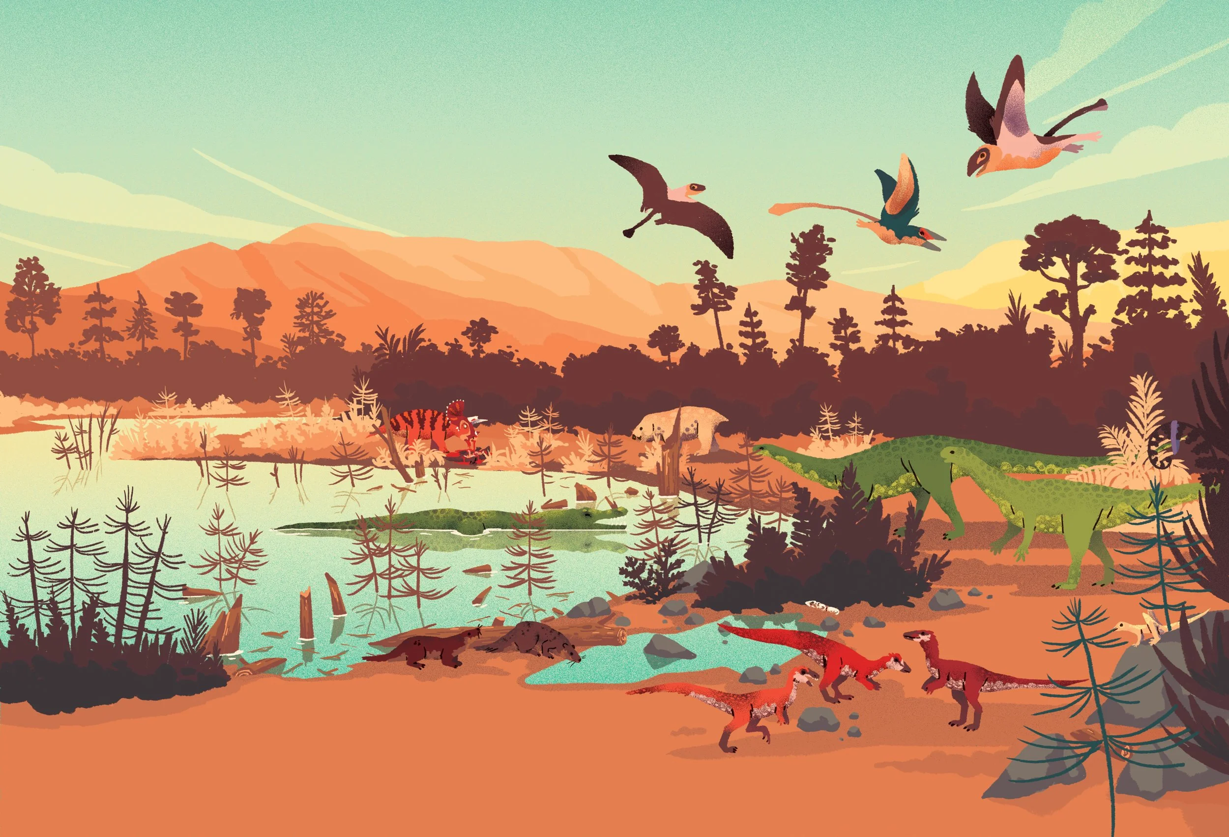 Triassic, paleoart, coelophysis, plateosaurus