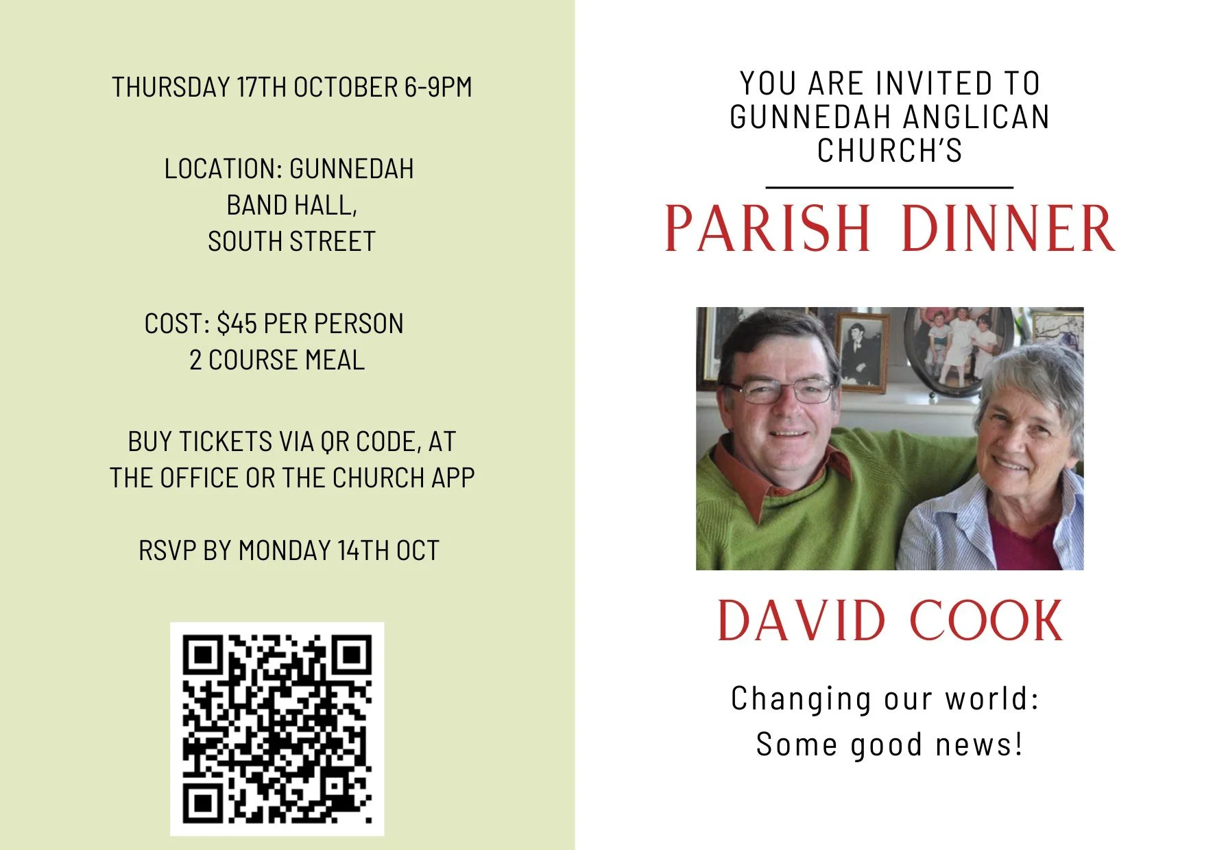 Parish dinner is coming! David Cook is an excellent speaker, and will be calling on his experience in the field of history to speak about society today and looking to the future. Things don't always look good, but David gives good reason for hope.
We