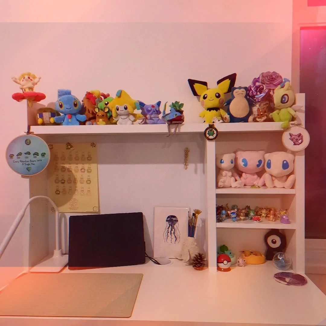 A new work space is coming together, out of the constraints of the moving boxes. The pokemon are free.

My old sewing room taught me that being surrounded by my favourite things makes me more likely to want to be in that space. Utilitarianism can go 