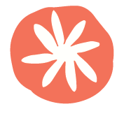 A simple illustration of a white flower with elongated petals on an orange circular background.