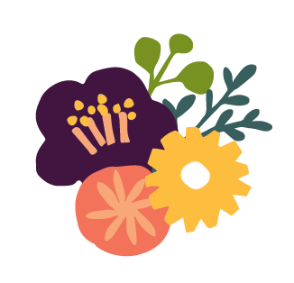 A colorful floral illustration with purple, yellow, pink, and green flowers and leaves.